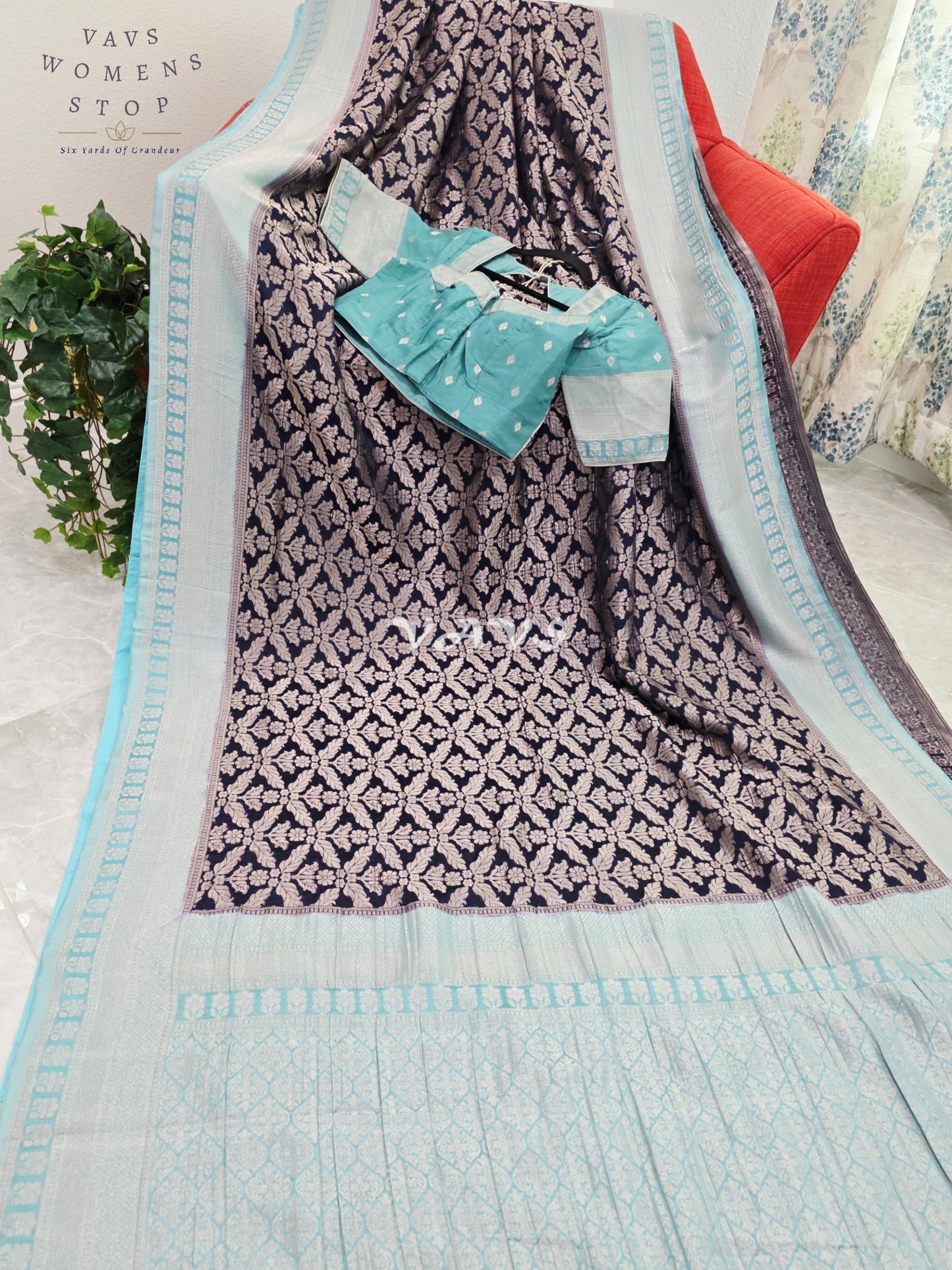 Royal Midnight Navy & Ice Aqua Semi Tussar Georgette Meenakari Saree with Stitched Blouse Size 34-40