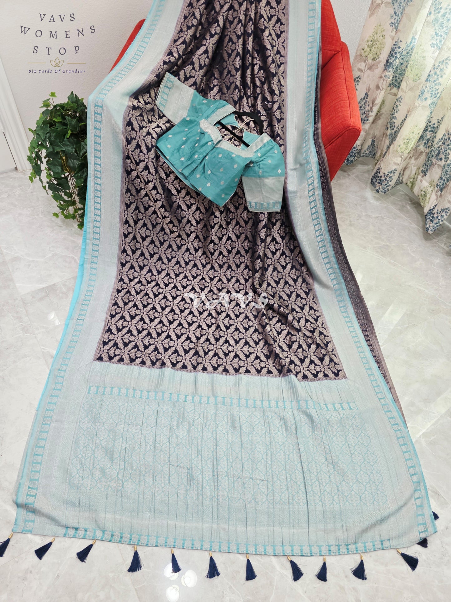 Royal Midnight Navy & Ice Aqua Semi Tussar Georgette Meenakari Saree with Stitched Blouse Size 34-40