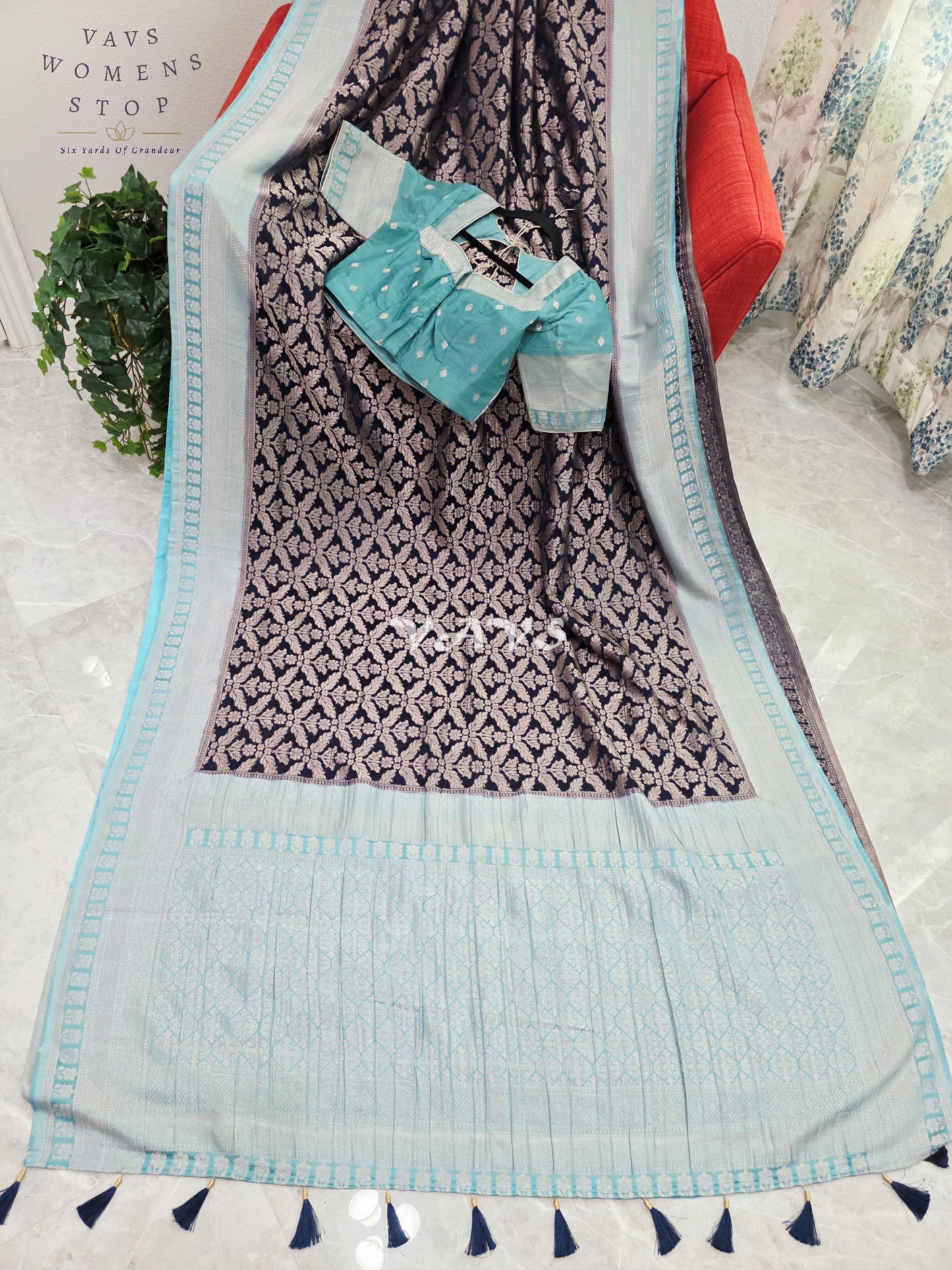 Royal Midnight Navy & Ice Aqua Semi Tussar Georgette Meenakari Saree with Stitched Blouse Size 34-40
