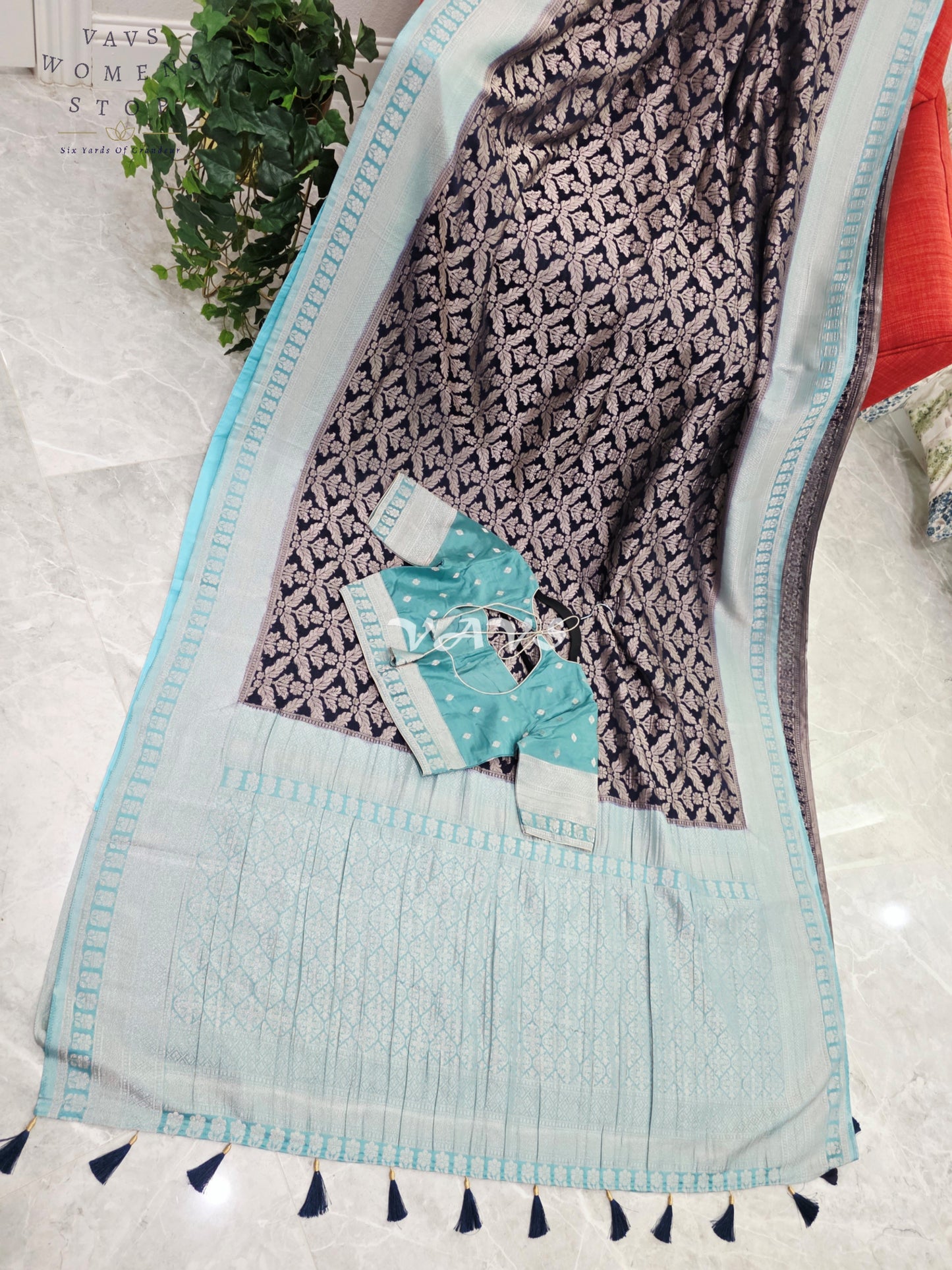 Royal Midnight Navy & Ice Aqua Semi Tussar Georgette Meenakari Saree with Stitched Blouse Size 34-40