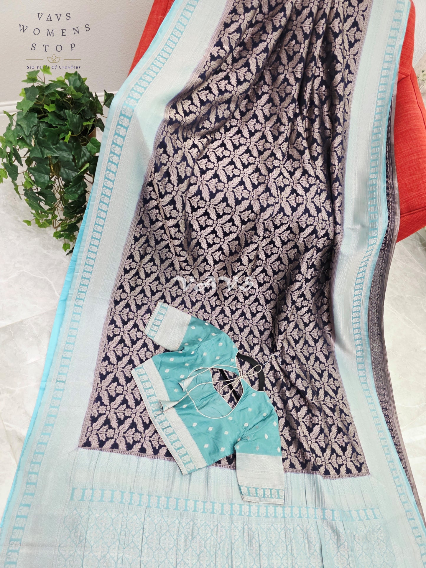 Royal Midnight Navy & Ice Aqua Semi Tussar Georgette Meenakari Saree with Stitched Blouse Size 34-40