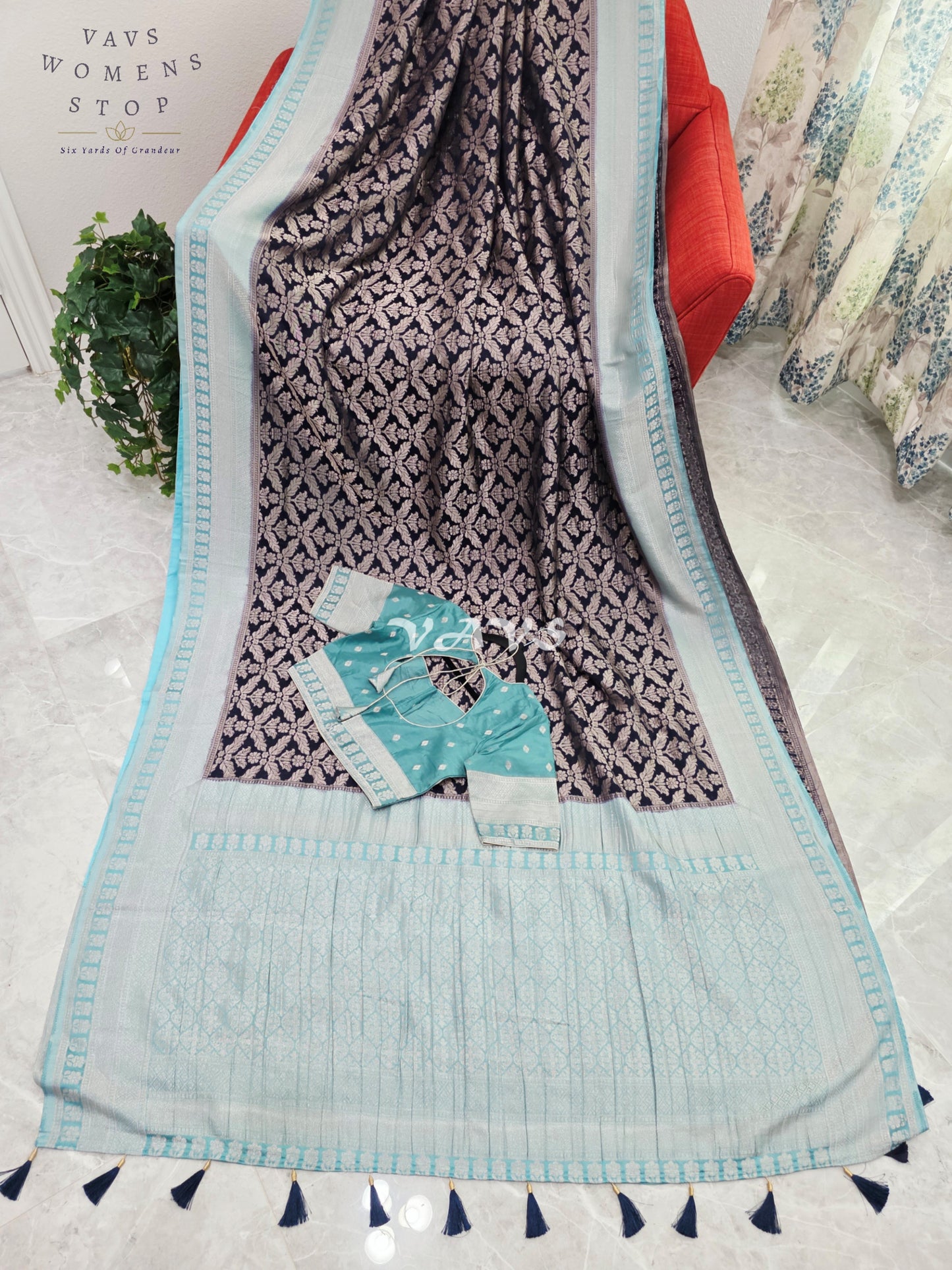 Royal Midnight Navy & Ice Aqua Semi Tussar Georgette Meenakari Saree with Stitched Blouse Size 34-40