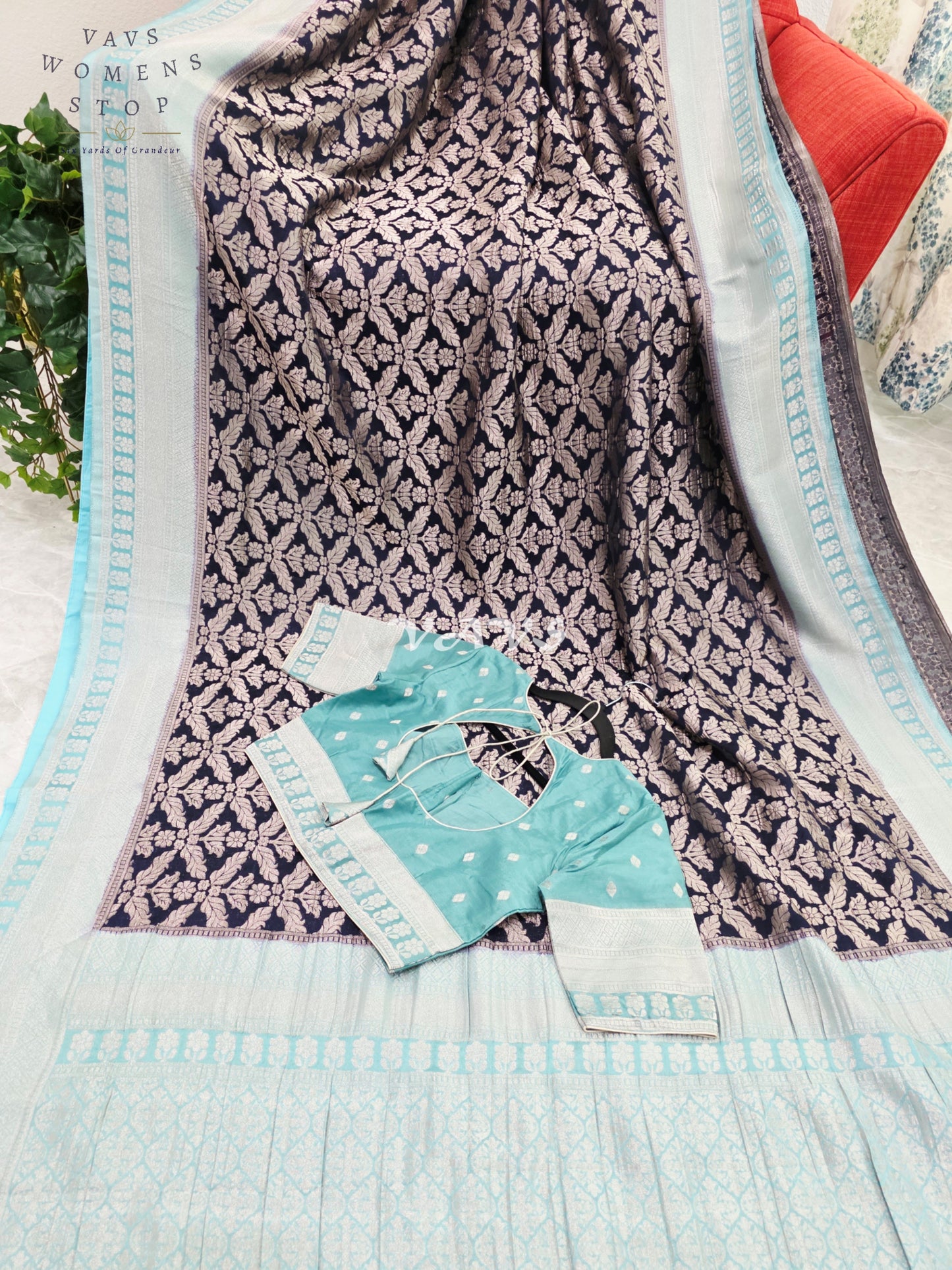 Royal Midnight Navy & Ice Aqua Semi Tussar Georgette Meenakari Saree with Stitched Blouse Size 34-40