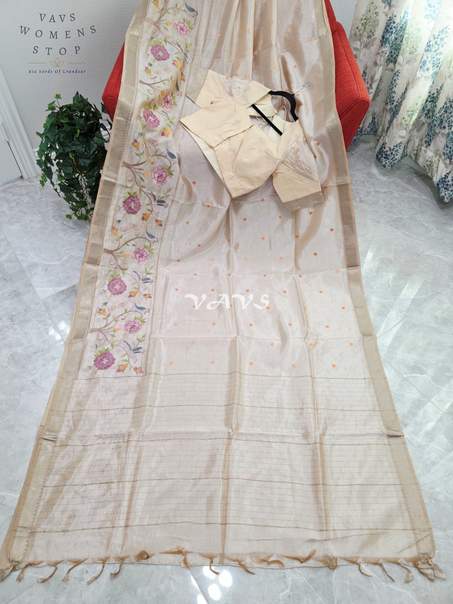 Royal Pearl Ivory Mangalagiri Silk Cotton Handloom Saree with Bird Embroidered Floral Border & Stitched Blouse Size 38-44