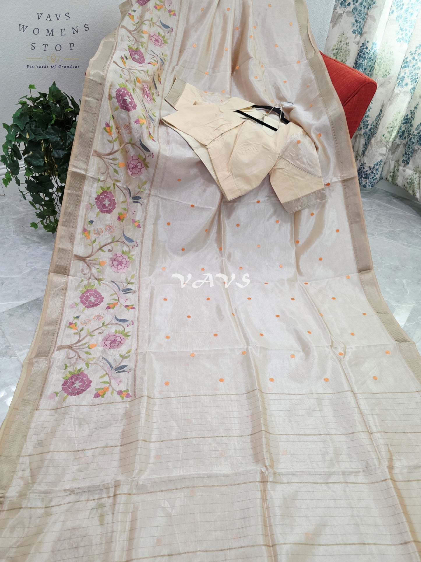 Royal Pearl Ivory Mangalagiri Silk Cotton Handloom Saree with Bird Embroidered Floral Border & Stitched Blouse Size 38-44