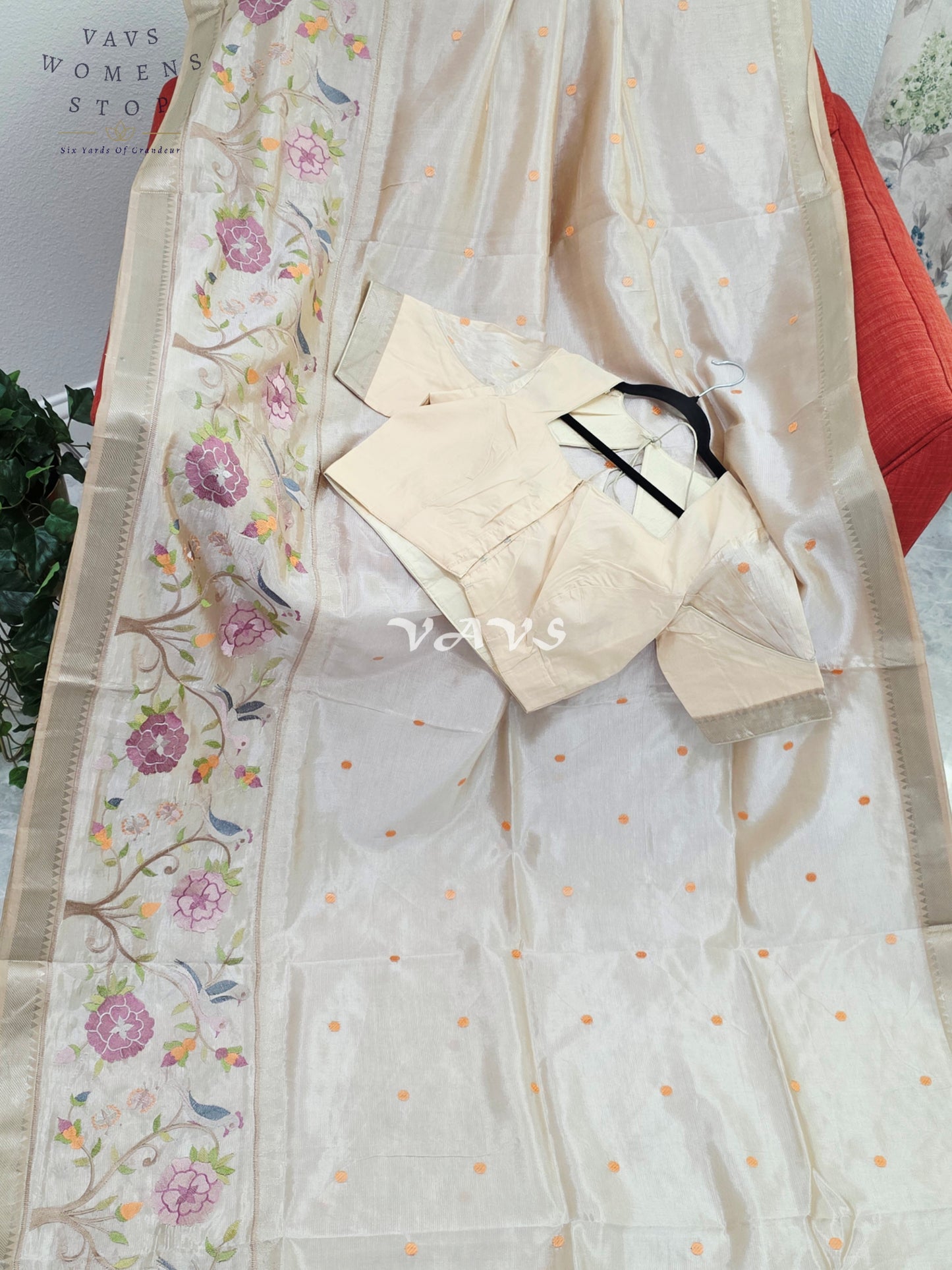 Royal Pearl Ivory Mangalagiri Silk Cotton Handloom Saree with Bird Embroidered Floral Border & Stitched Blouse Size 38-44