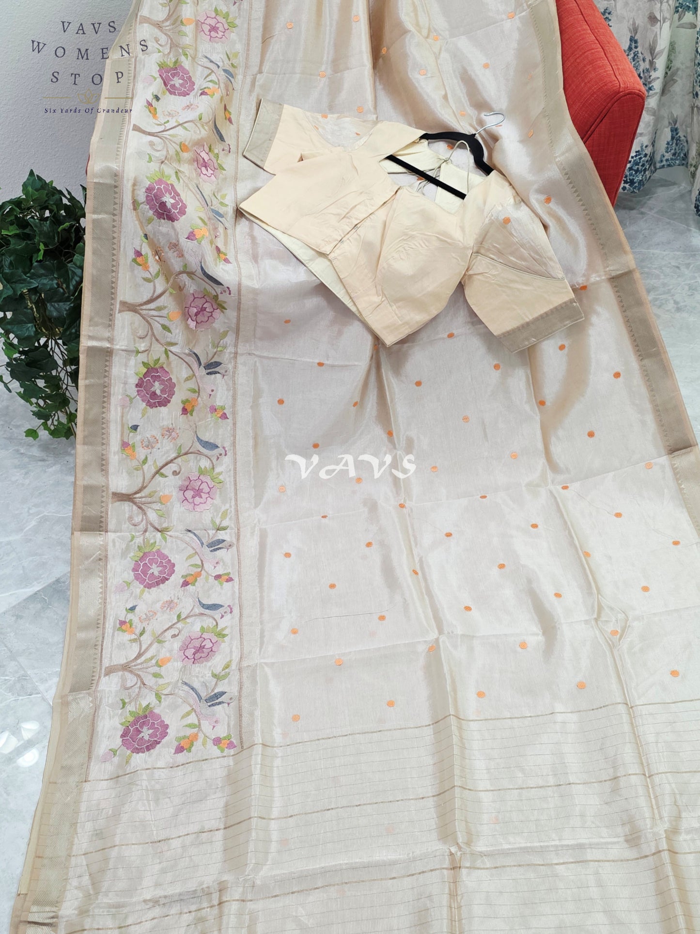 Royal Pearl Ivory Mangalagiri Silk Cotton Handloom Saree with Bird Embroidered Floral Border & Stitched Blouse Size 38-44