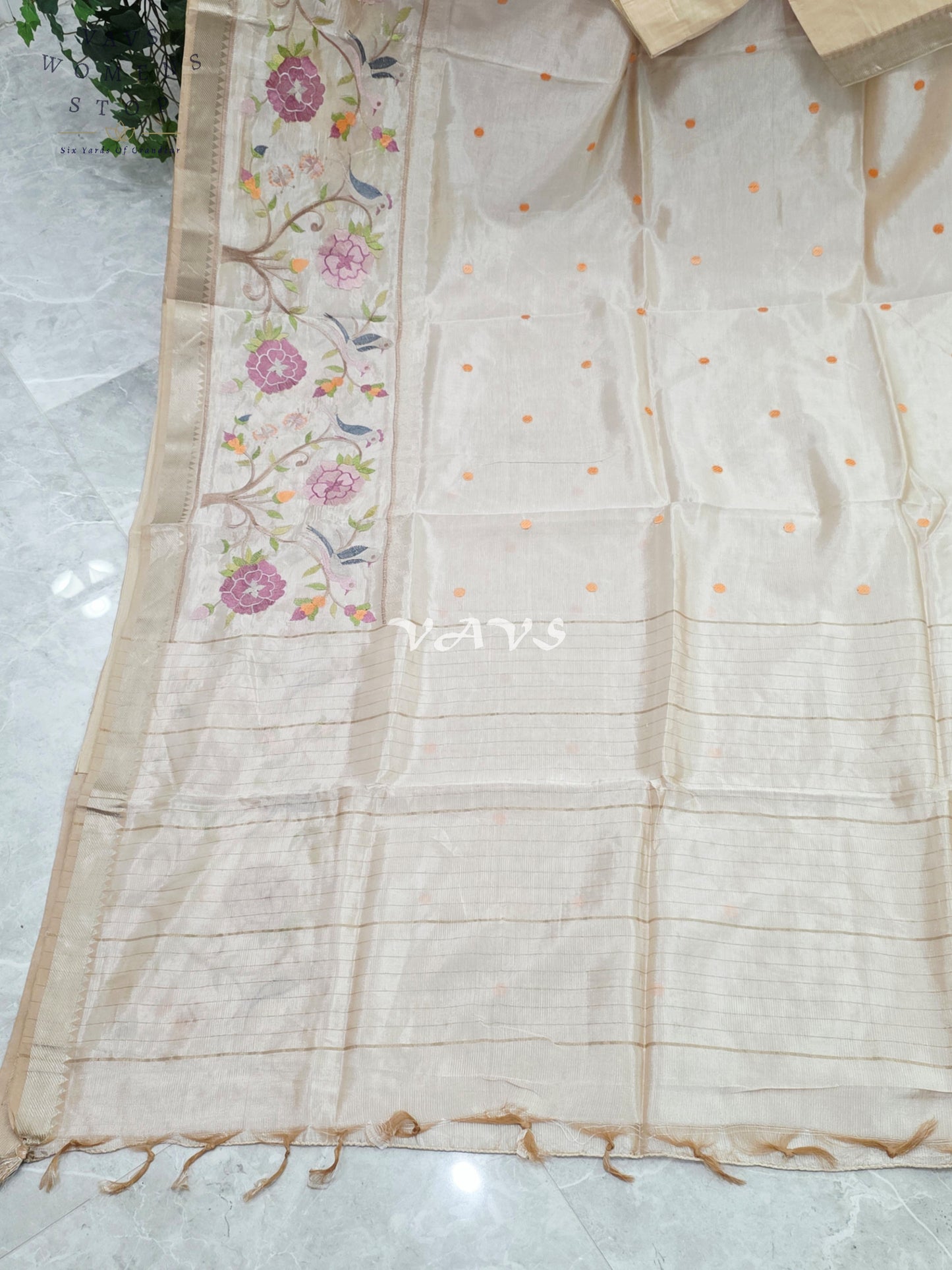 Royal Pearl Ivory Mangalagiri Silk Cotton Handloom Saree with Bird Embroidered Floral Border & Stitched Blouse Size 38-44