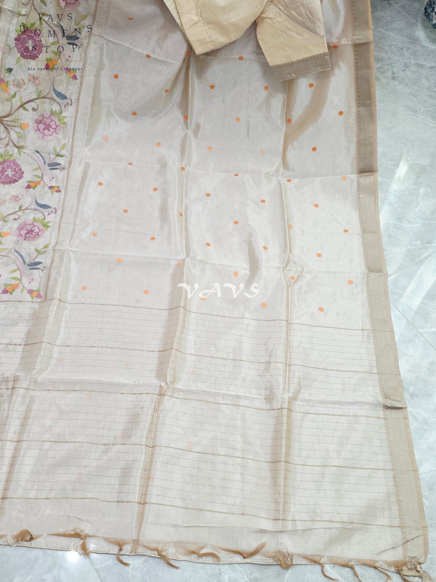 Royal Pearl Ivory Mangalagiri Silk Cotton Handloom Saree with Bird Embroidered Floral Border & Stitched Blouse Size 38-44