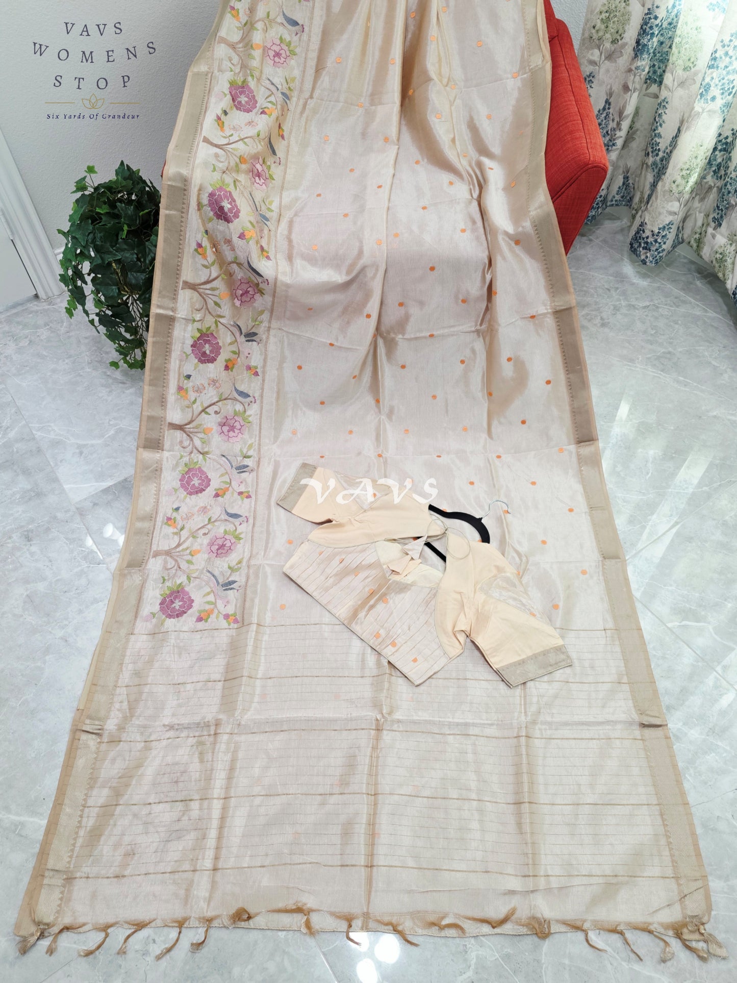 Royal Pearl Ivory Mangalagiri Silk Cotton Handloom Saree with Bird Embroidered Floral Border & Stitched Blouse Size 38-44