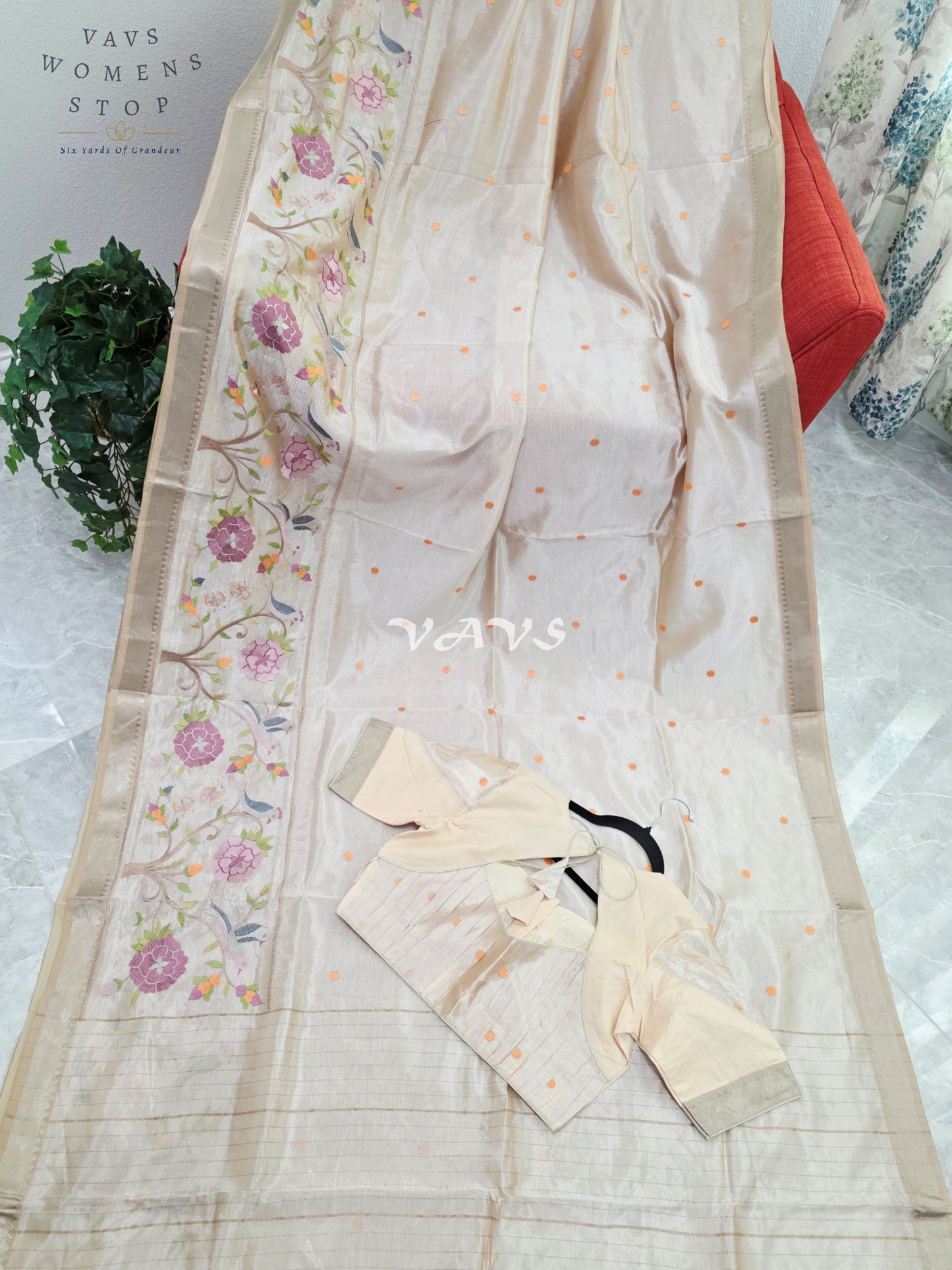 Royal Pearl Ivory Mangalagiri Silk Cotton Handloom Saree with Bird Embroidered Floral Border & Stitched Blouse Size 38-44