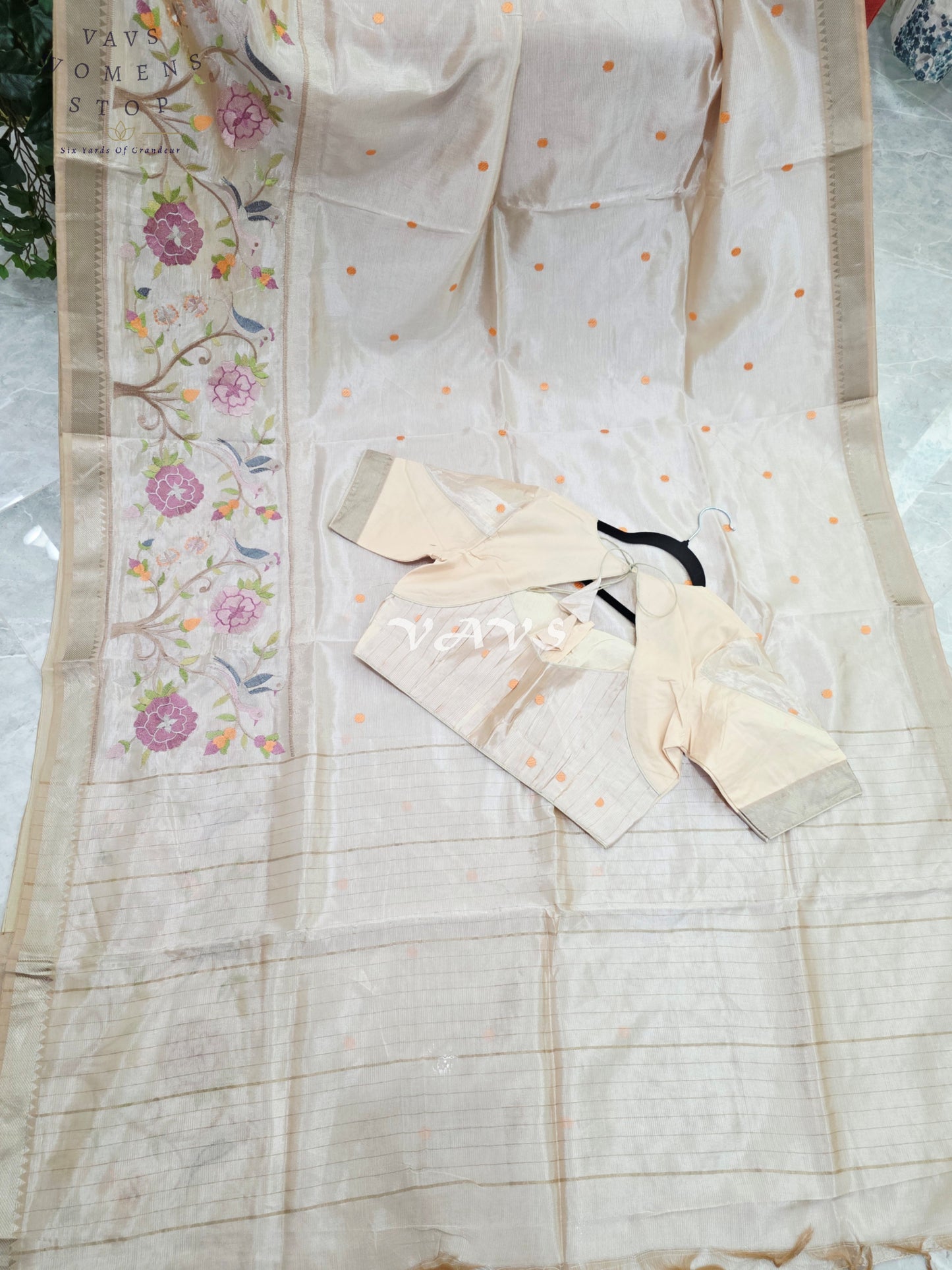 Royal Pearl Ivory Mangalagiri Silk Cotton Handloom Saree with Bird Embroidered Floral Border & Stitched Blouse Size 38-44