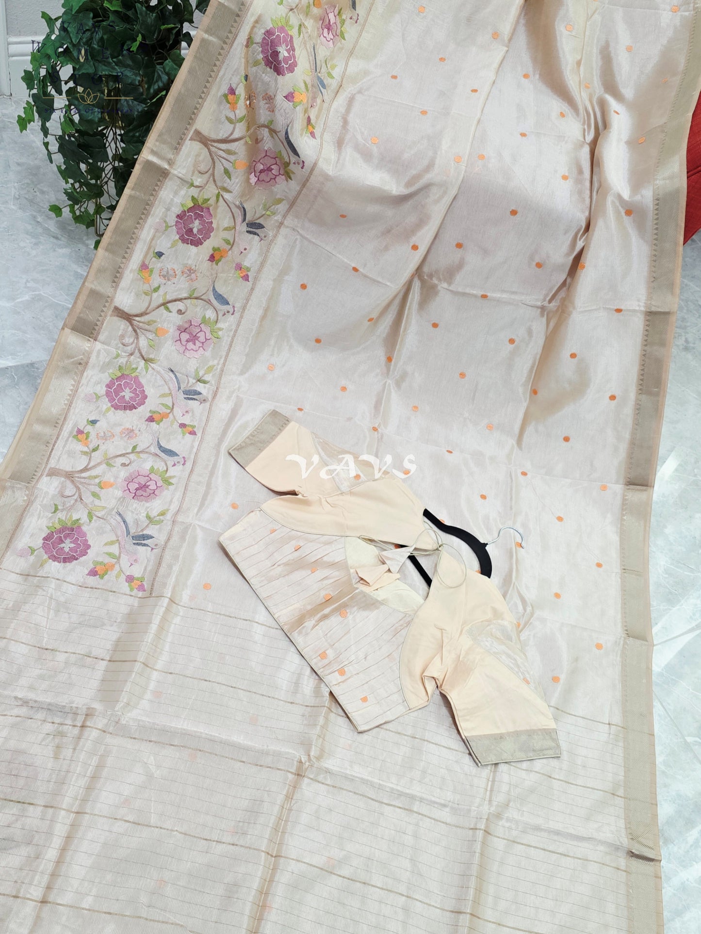 Royal Pearl Ivory Mangalagiri Silk Cotton Handloom Saree with Bird Embroidered Floral Border & Stitched Blouse Size 38-44