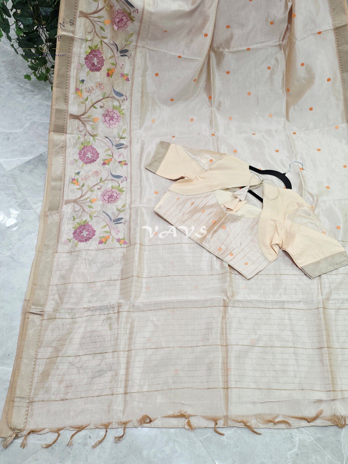 Royal Pearl Ivory Mangalagiri Silk Cotton Handloom Saree with Bird Embroidered Floral Border & Stitched Blouse Size 38-44