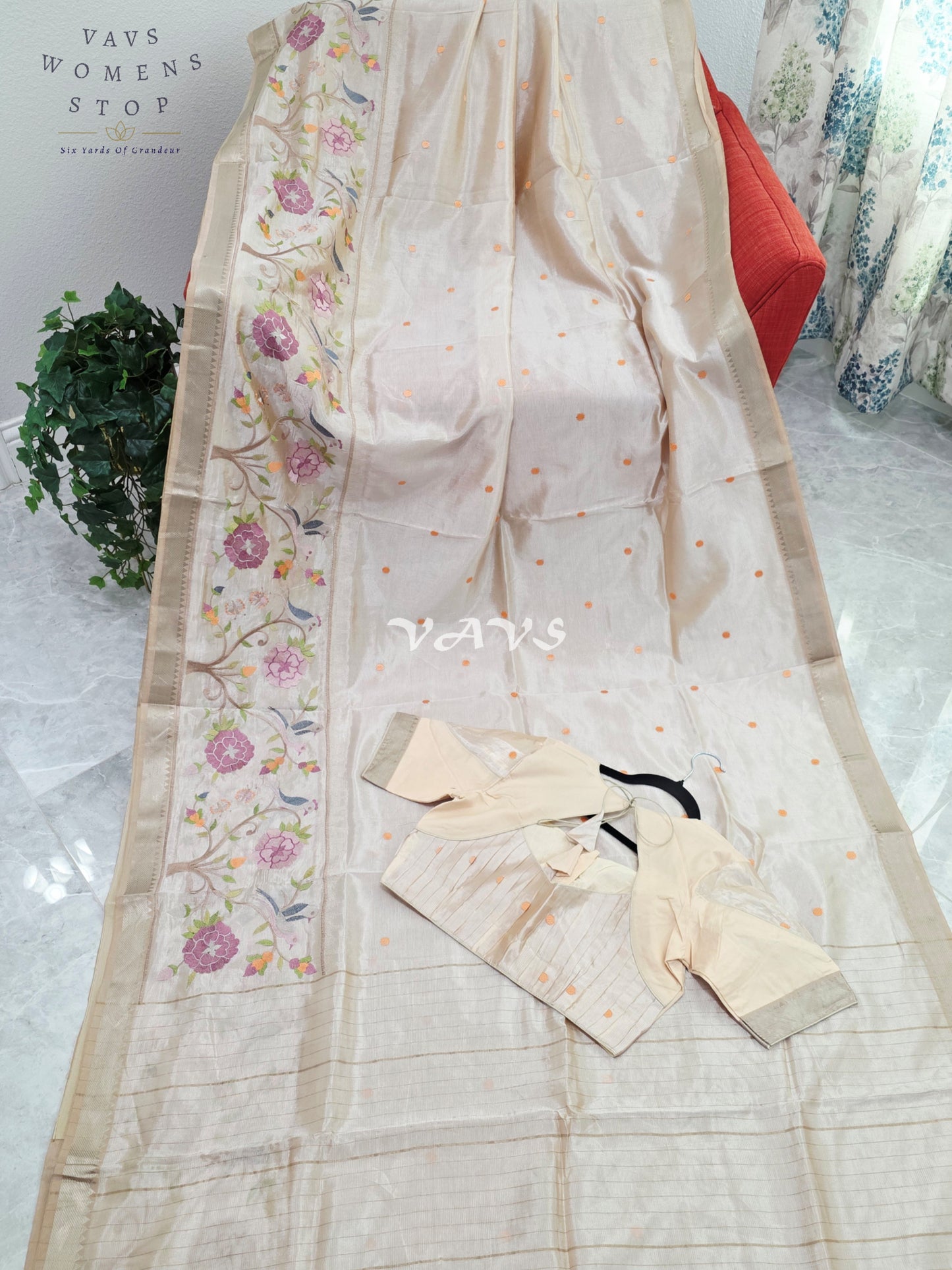 Royal Pearl Ivory Mangalagiri Silk Cotton Handloom Saree with Bird Embroidered Floral Border & Stitched Blouse Size 38-44