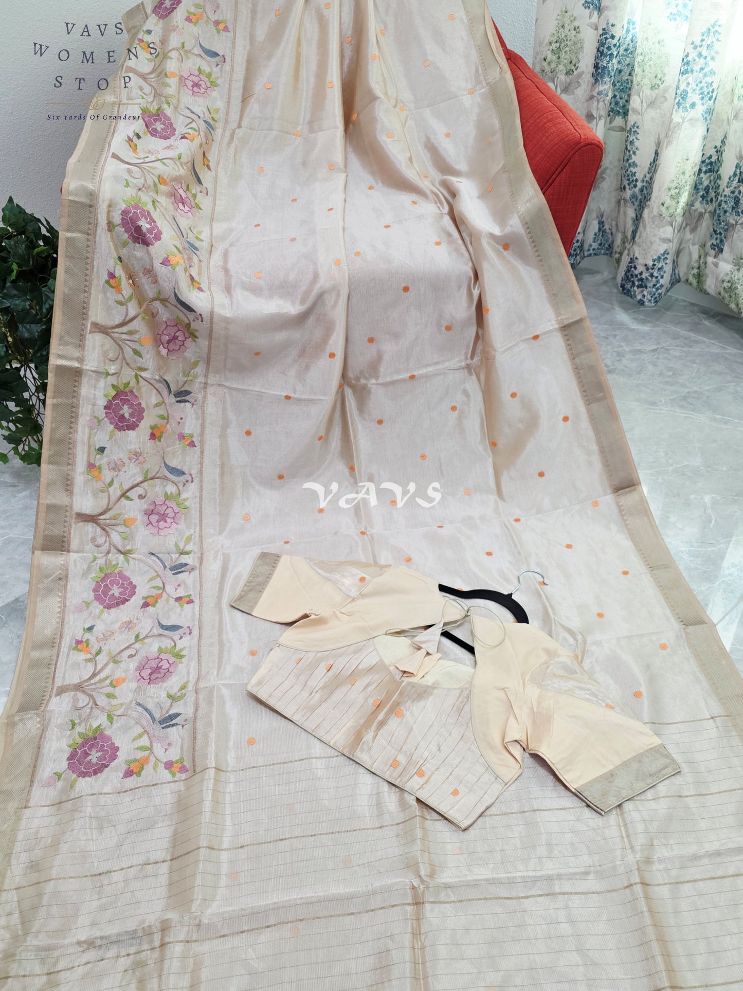 Royal Pearl Ivory Mangalagiri Silk Cotton Handloom Saree with Bird Embroidered Floral Border & Stitched Blouse Size 38-44