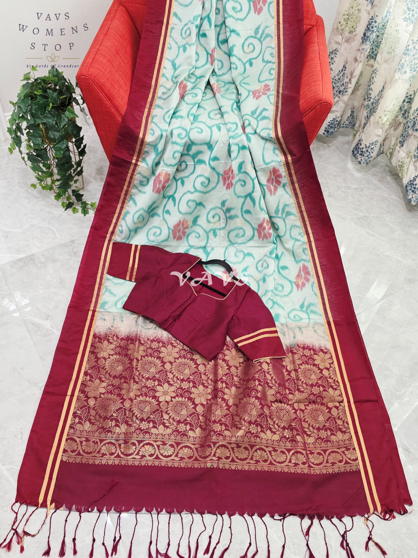 Royal Mint Aqua Ahimsa Vegan Silk Pochampally Design Soft Silk Saree with Rich Wine Zari Border & Stitched Blouse Size 40-46