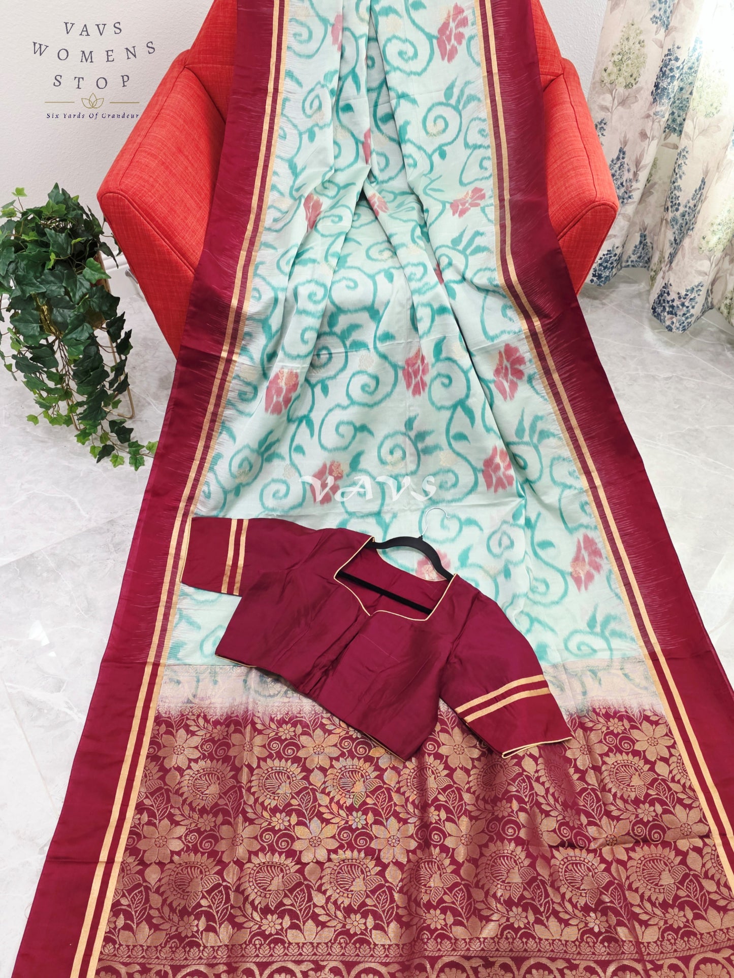 Royal Mint Aqua Ahimsa Vegan Silk Pochampally Design Soft Silk Saree with Rich Wine Zari Border & Stitched Blouse Size 40-46