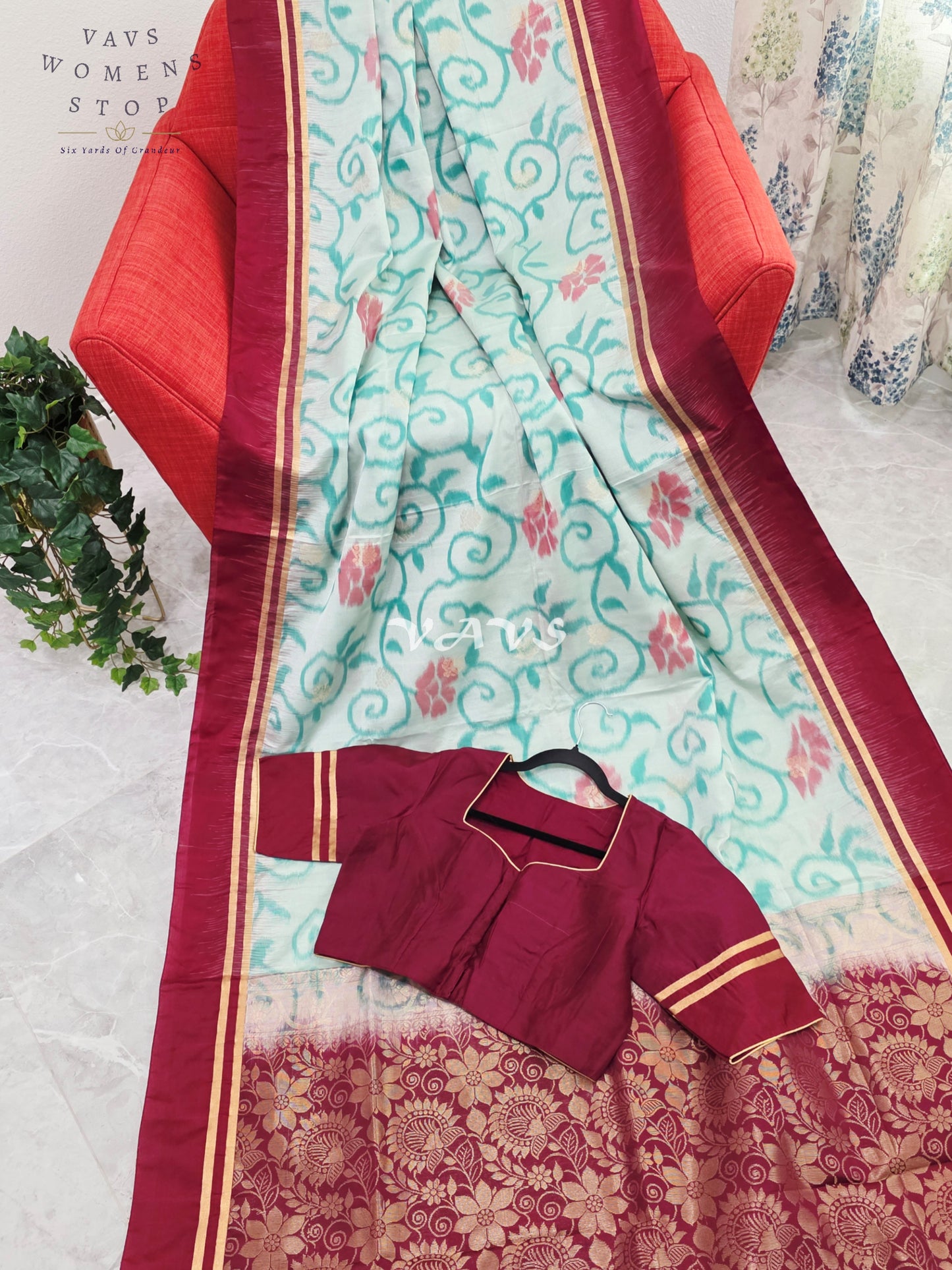 Royal Mint Aqua Ahimsa Vegan Silk Pochampally Design Soft Silk Saree with Rich Wine Zari Border & Stitched Blouse Size 40-46