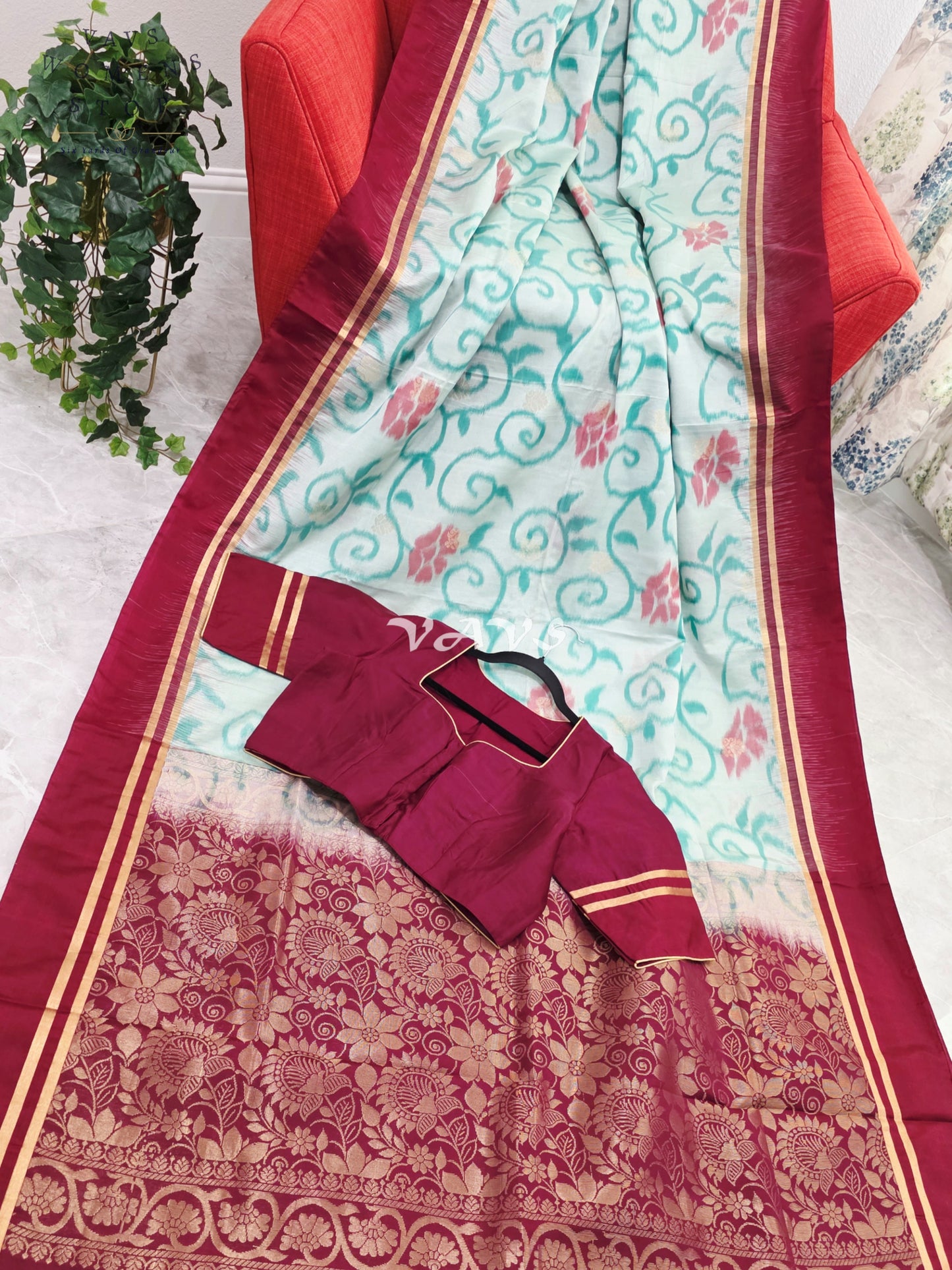 Royal Mint Aqua Ahimsa Vegan Silk Pochampally Design Soft Silk Saree with Rich Wine Zari Border & Stitched Blouse Size 40-46
