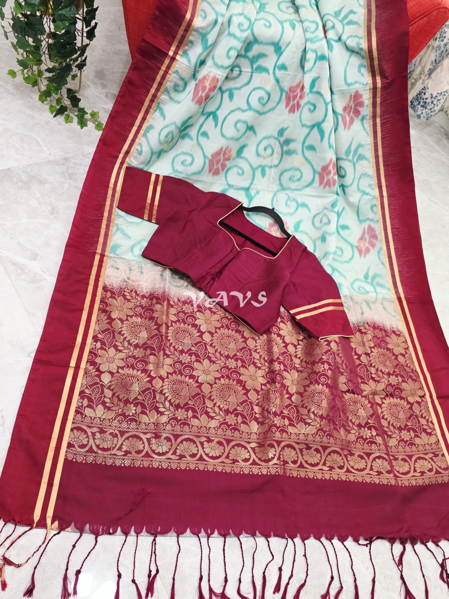 Royal Mint Aqua Ahimsa Vegan Silk Pochampally Design Soft Silk Saree with Rich Wine Zari Border & Stitched Blouse Size 40-46