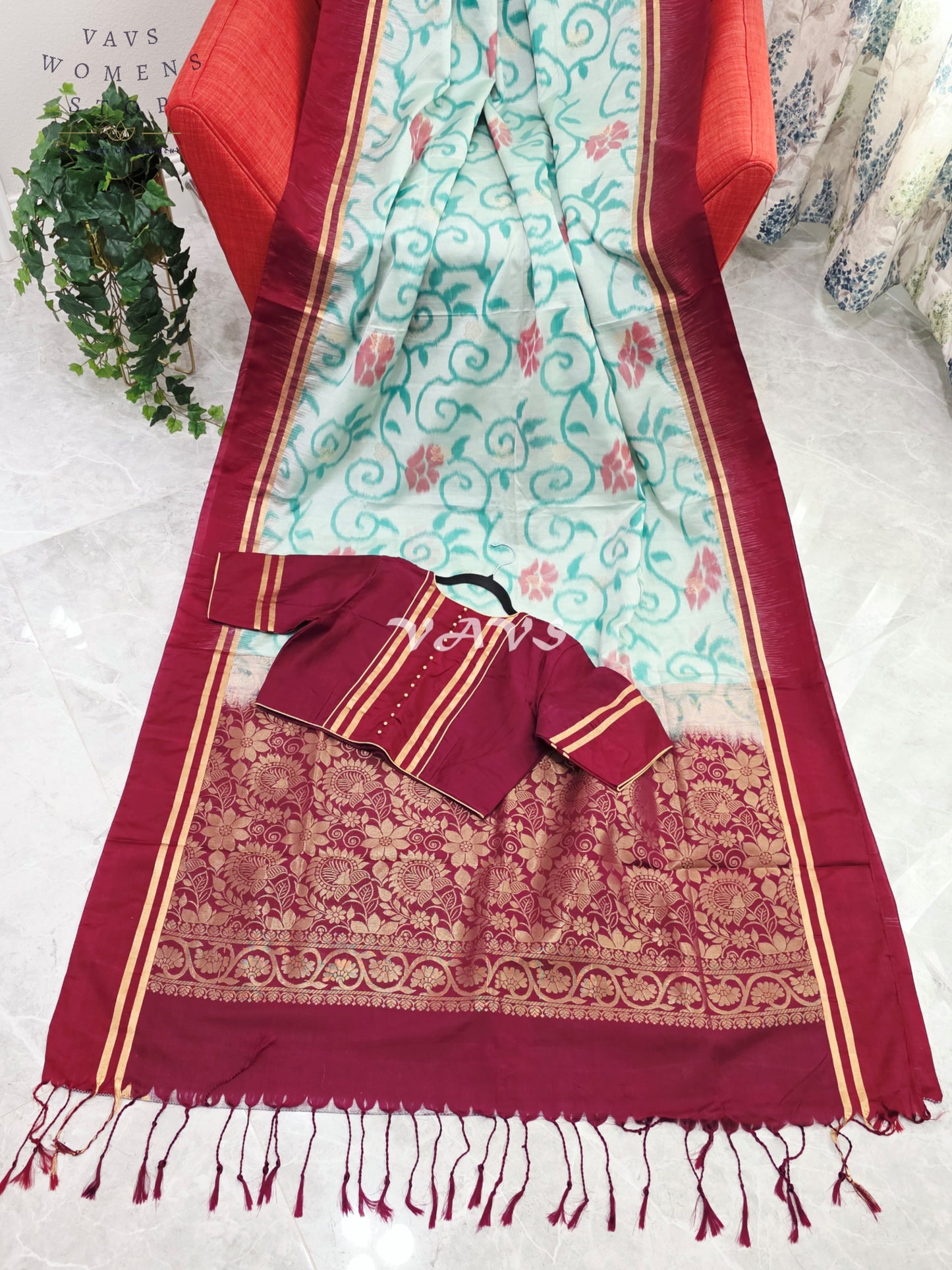 Royal Mint Aqua Ahimsa Vegan Silk Pochampally Design Soft Silk Saree with Rich Wine Zari Border & Stitched Blouse Size 40-46