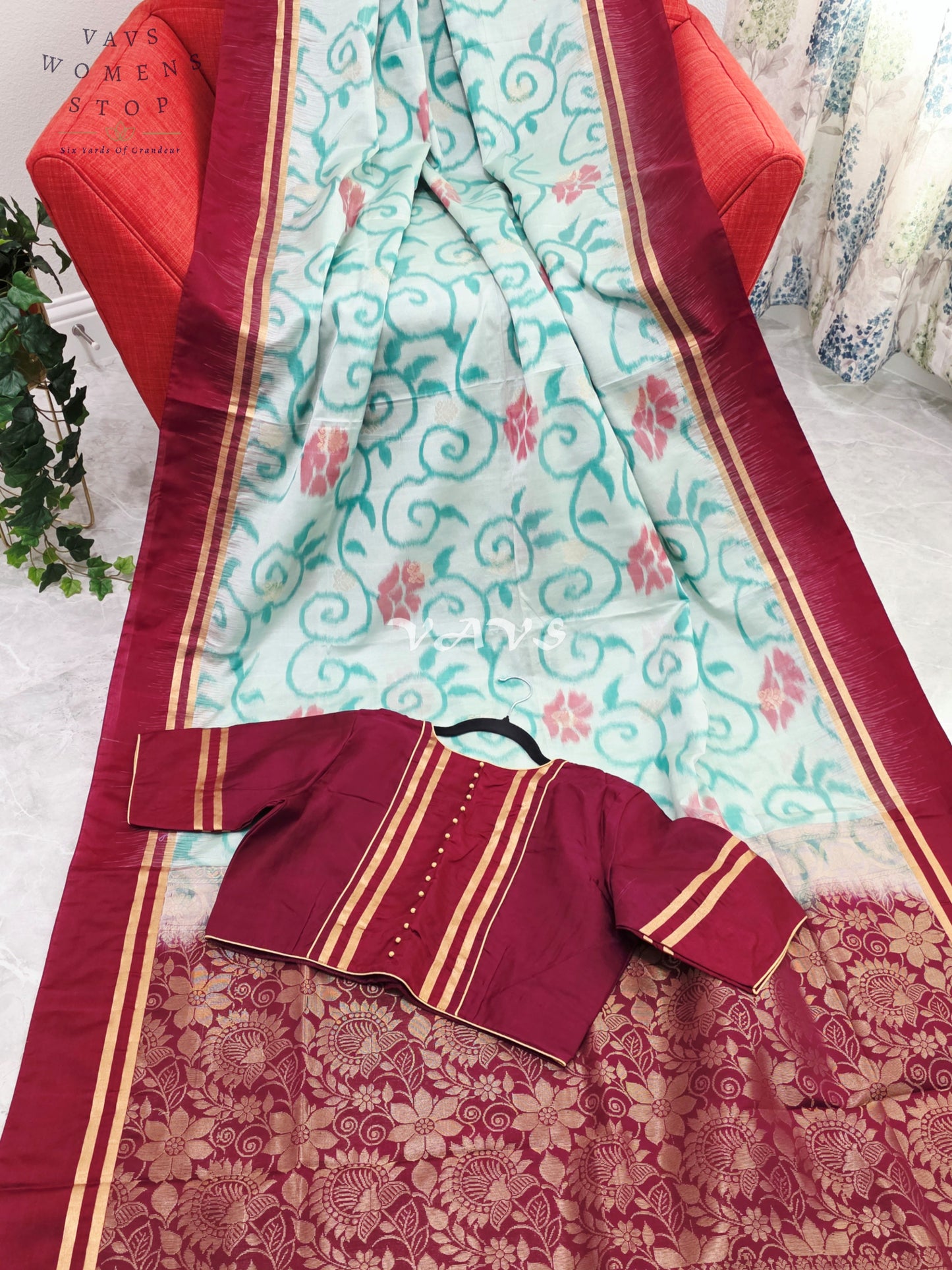 Royal Mint Aqua Ahimsa Vegan Silk Pochampally Design Soft Silk Saree with Rich Wine Zari Border & Stitched Blouse Size 40-46