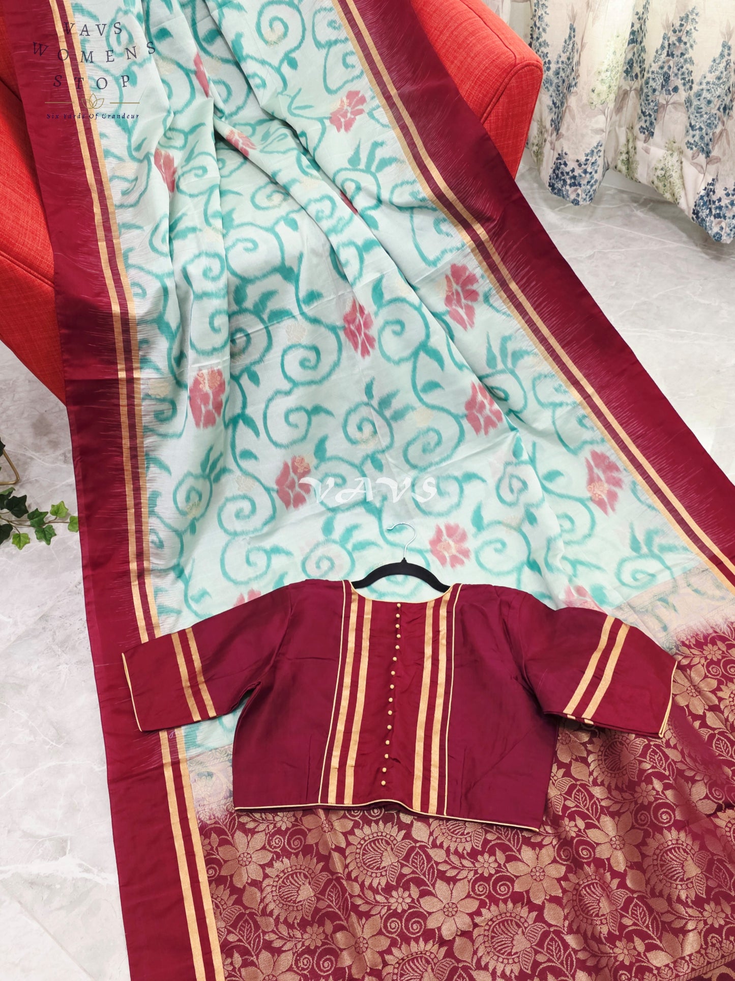 Royal Mint Aqua Ahimsa Vegan Silk Pochampally Design Soft Silk Saree with Rich Wine Zari Border & Stitched Blouse Size 40-46