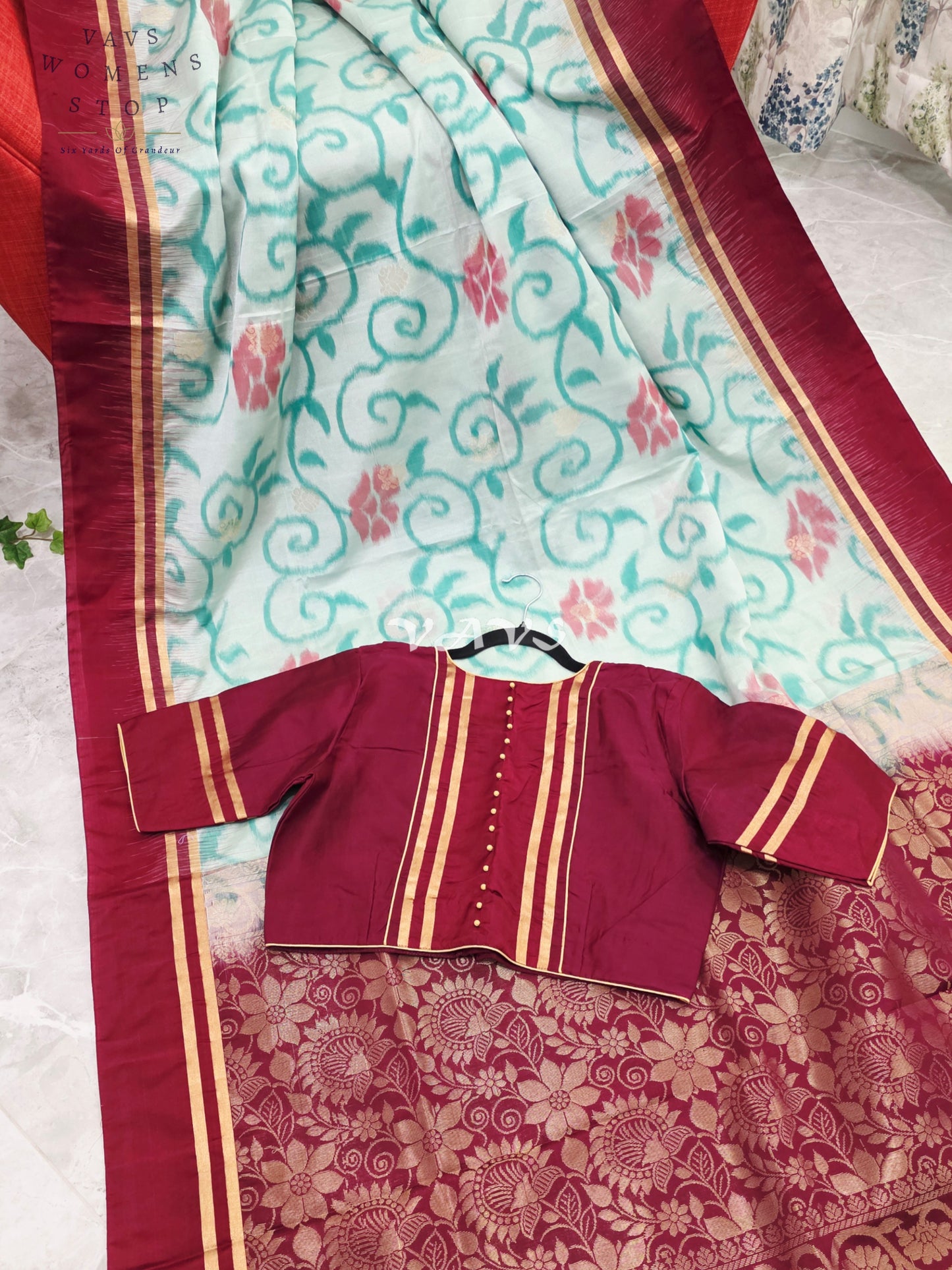 Royal Mint Aqua Ahimsa Vegan Silk Pochampally Design Soft Silk Saree with Rich Wine Zari Border & Stitched Blouse Size 40-46