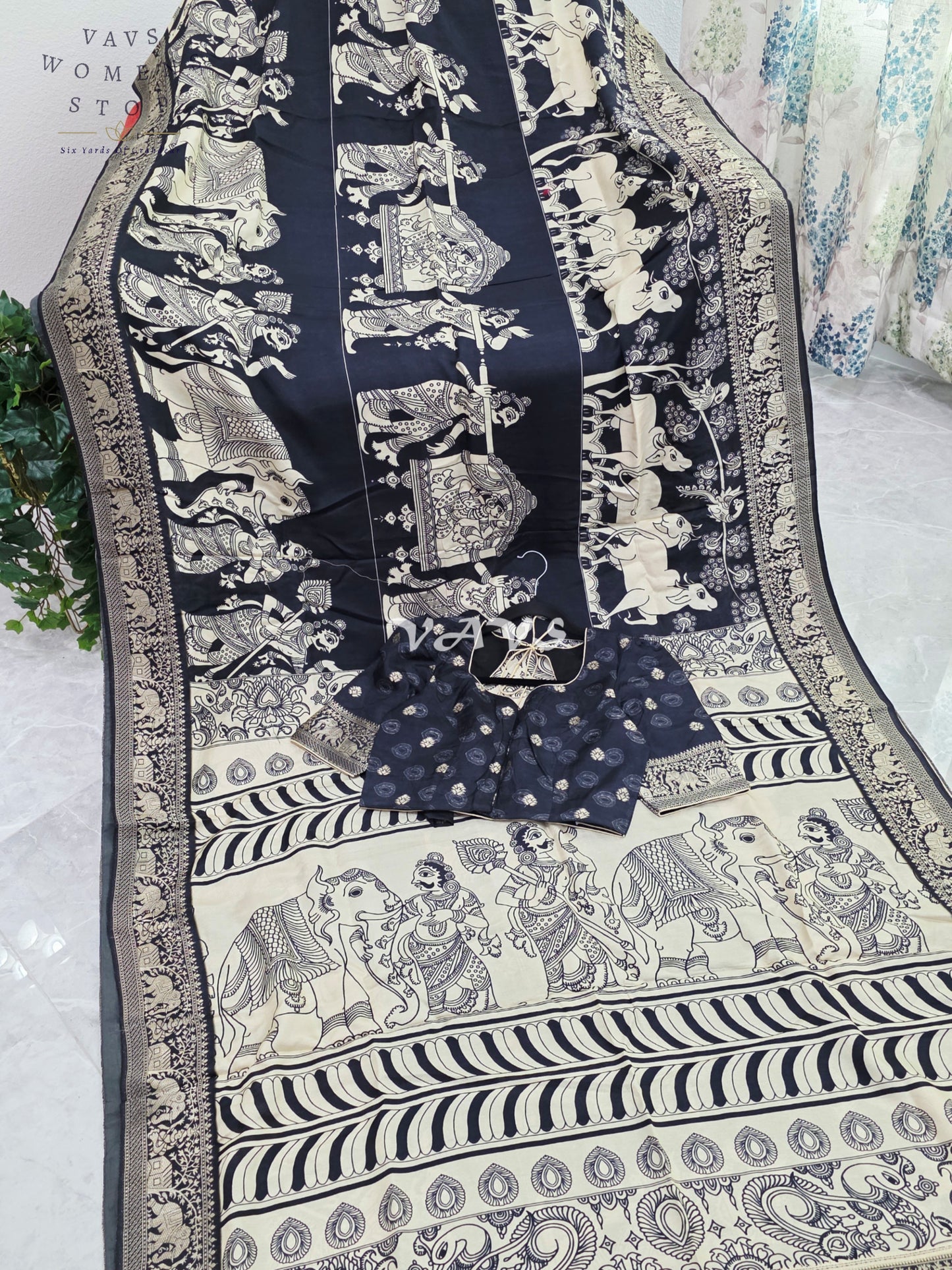 Royal Ebony Black Soft Munga Crepe Silk Kalamkari Print Saree with Mythological Border & Stitched Blouse Size 36-42