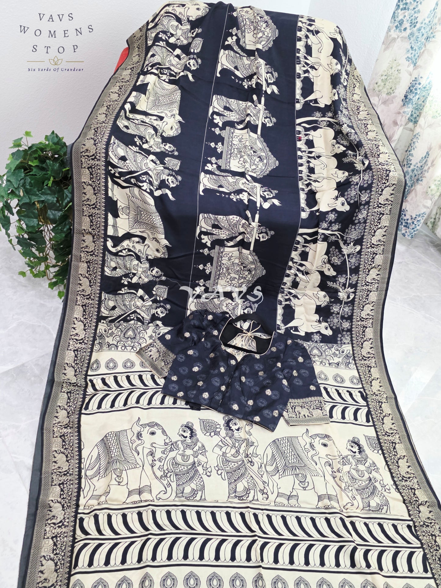 Royal Ebony Black Soft Munga Crepe Silk Kalamkari Print Saree with Mythological Border & Stitched Blouse Size 36-42