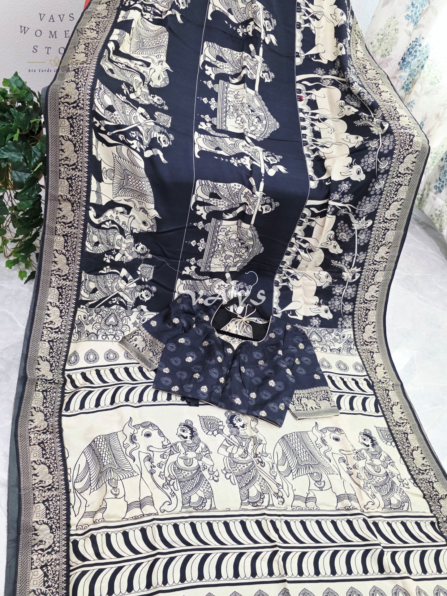 Royal Ebony Black Soft Munga Crepe Silk Kalamkari Print Saree with Mythological Border & Stitched Blouse Size 36-42