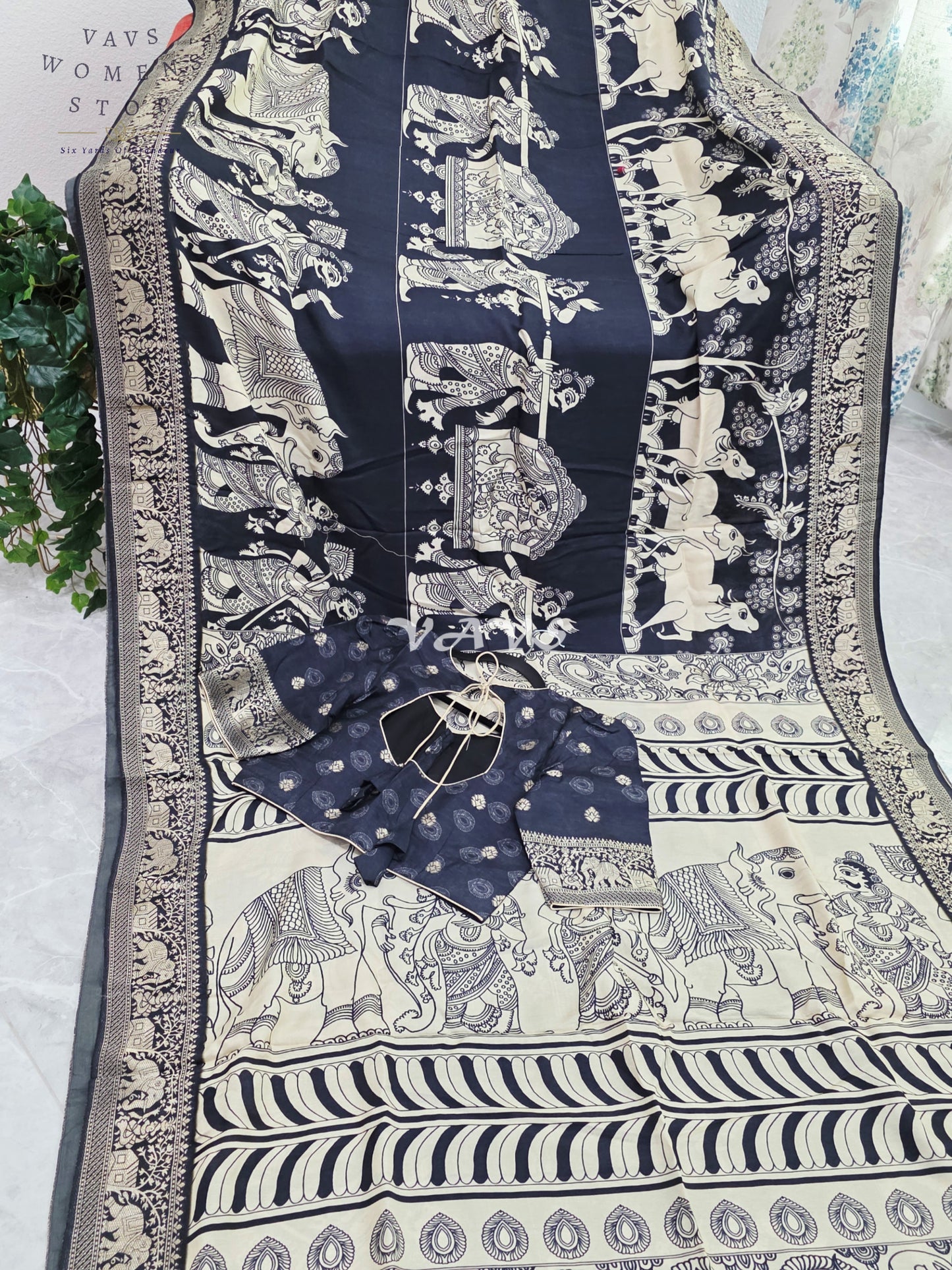 Royal Ebony Black Soft Munga Crepe Silk Kalamkari Print Saree with Mythological Border & Stitched Blouse Size 36-42