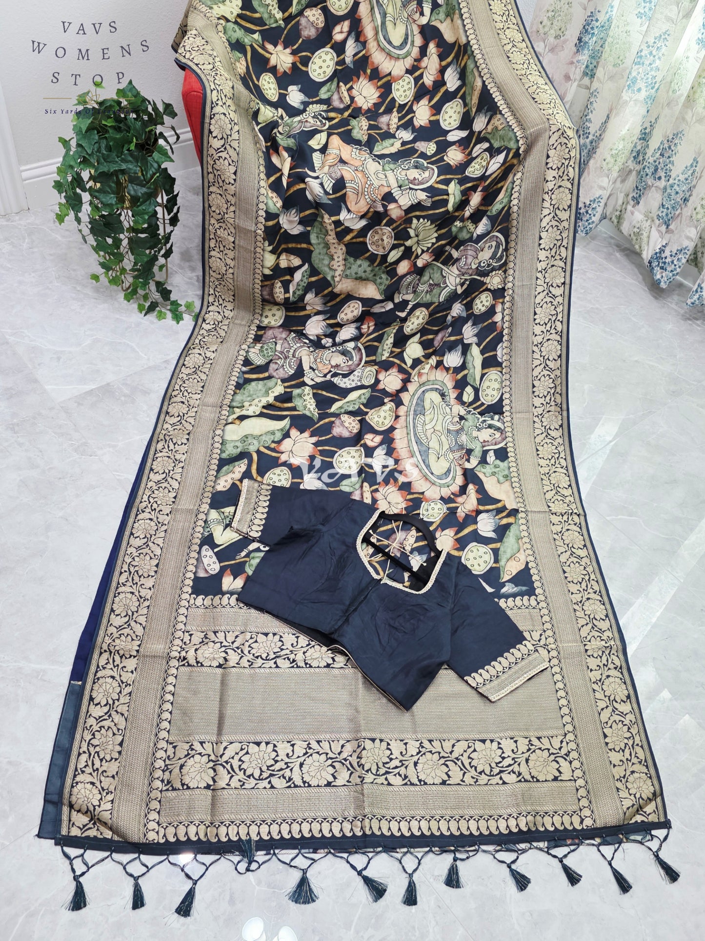 Midnight Navy Pure Munga Crepe Kalamkari Saree with Antique Gold Border & Stitched Blouse Size 42-48