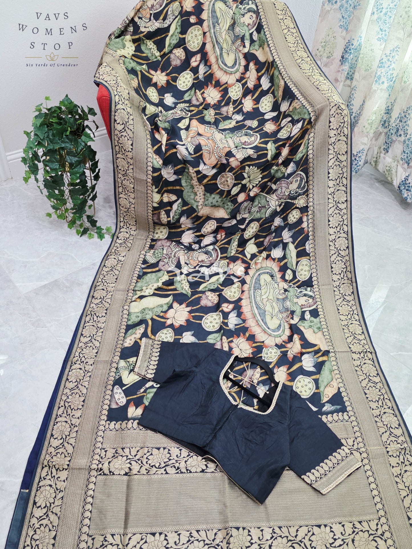 Midnight Navy Pure Munga Crepe Kalamkari Saree with Antique Gold Border & Stitched Blouse Size 42-48