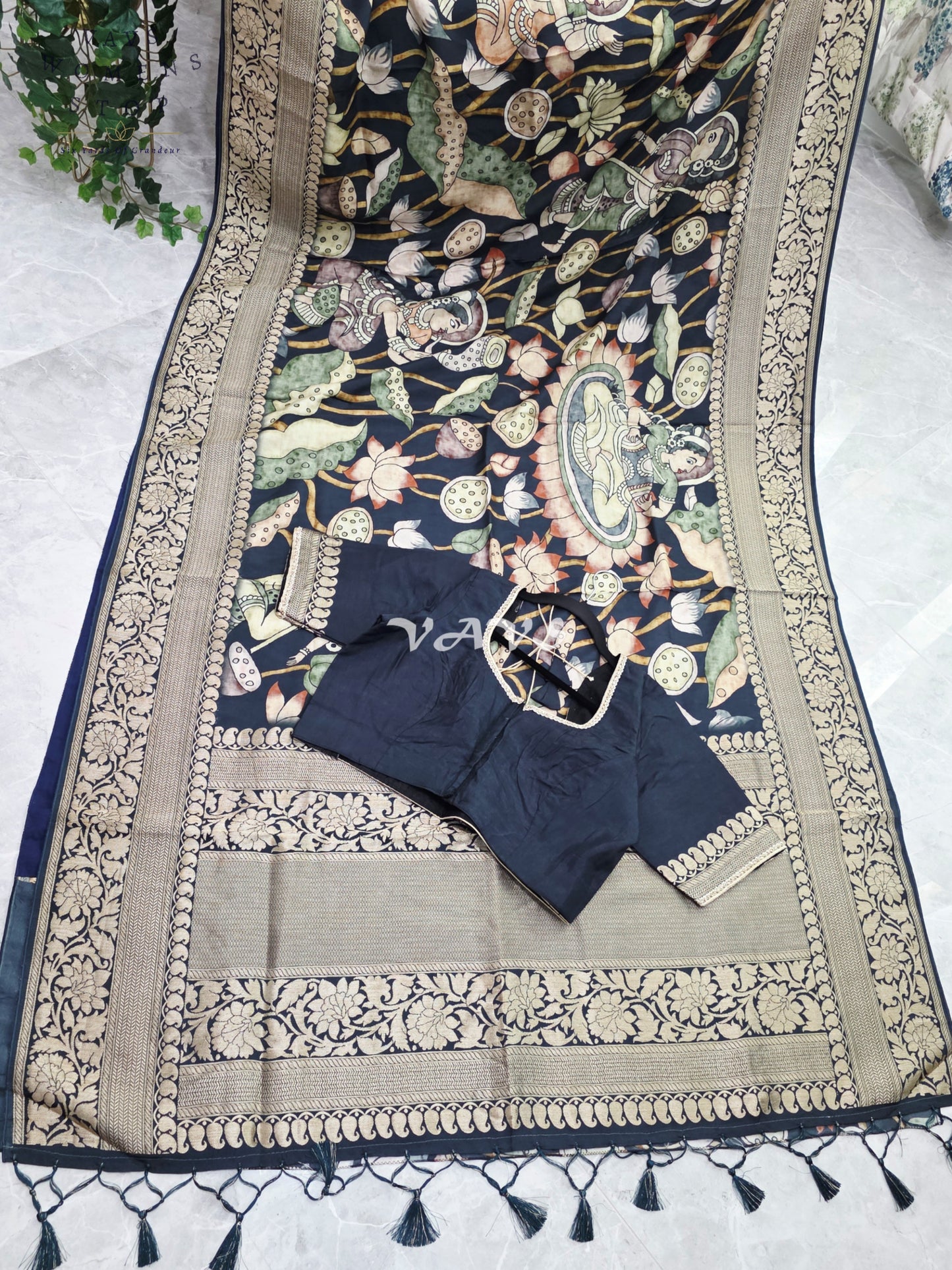 Midnight Navy Pure Munga Crepe Kalamkari Saree with Antique Gold Border & Stitched Blouse Size 42-48