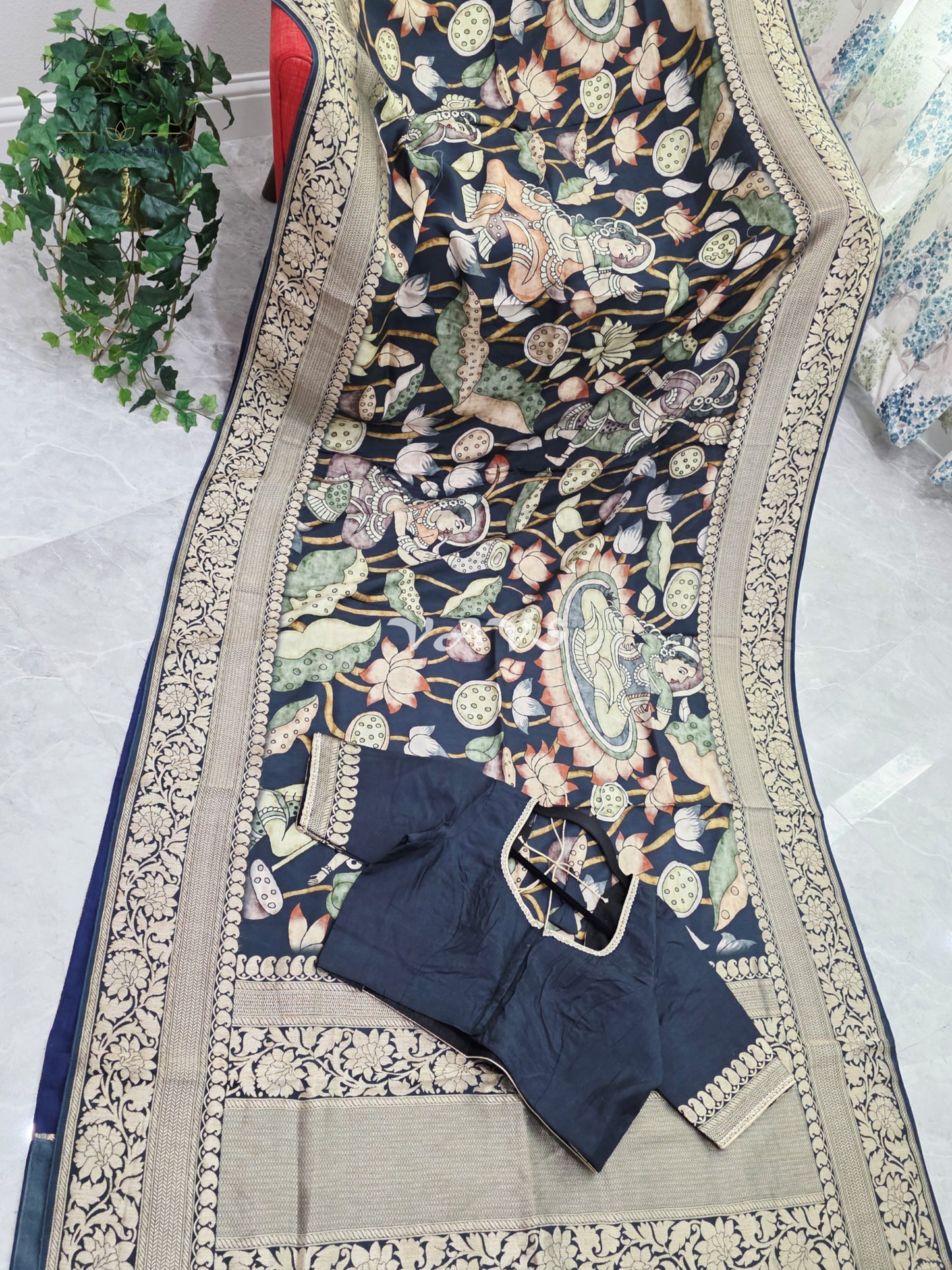 Midnight Navy Pure Munga Crepe Kalamkari Saree with Antique Gold Border & Stitched Blouse Size 42-48