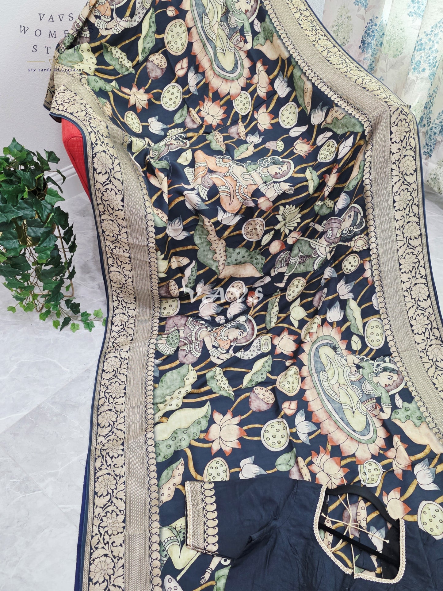 Midnight Navy Pure Munga Crepe Kalamkari Saree with Antique Gold Border & Stitched Blouse Size 42-48