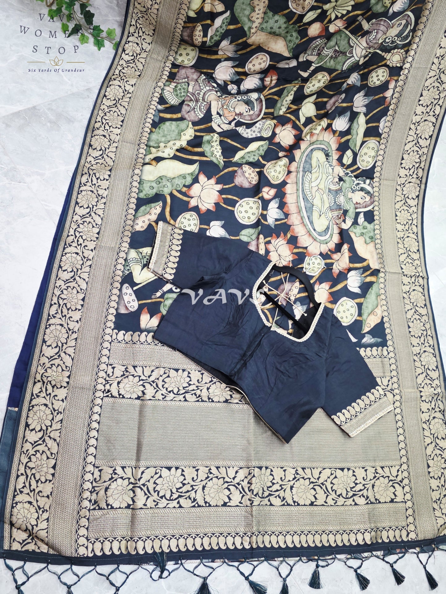 Midnight Navy Pure Munga Crepe Kalamkari Saree with Antique Gold Border & Stitched Blouse Size 42-48