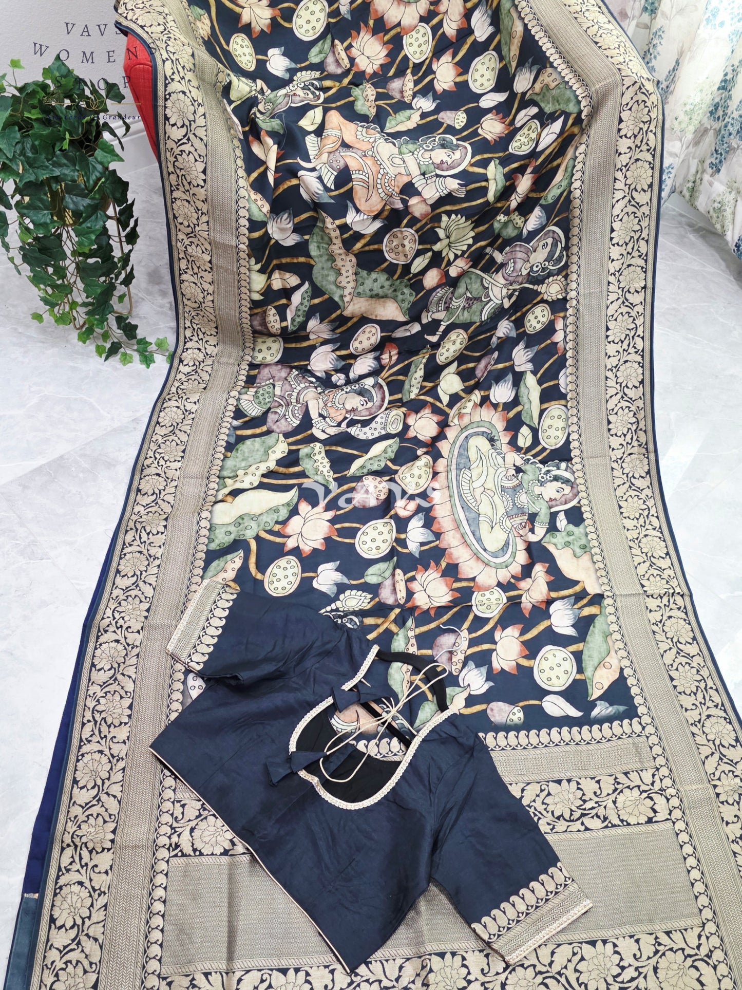 Midnight Navy Pure Munga Crepe Kalamkari Saree with Antique Gold Border & Stitched Blouse Size 42-48