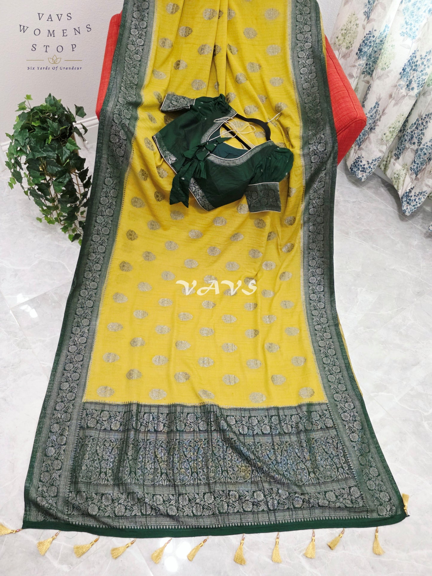 Royal Pear Chartreuse Semi Tussar Georgette Saree with Forest Green Silver Zari Border & Puff Sleeve Stitched Blouse Size 36-42