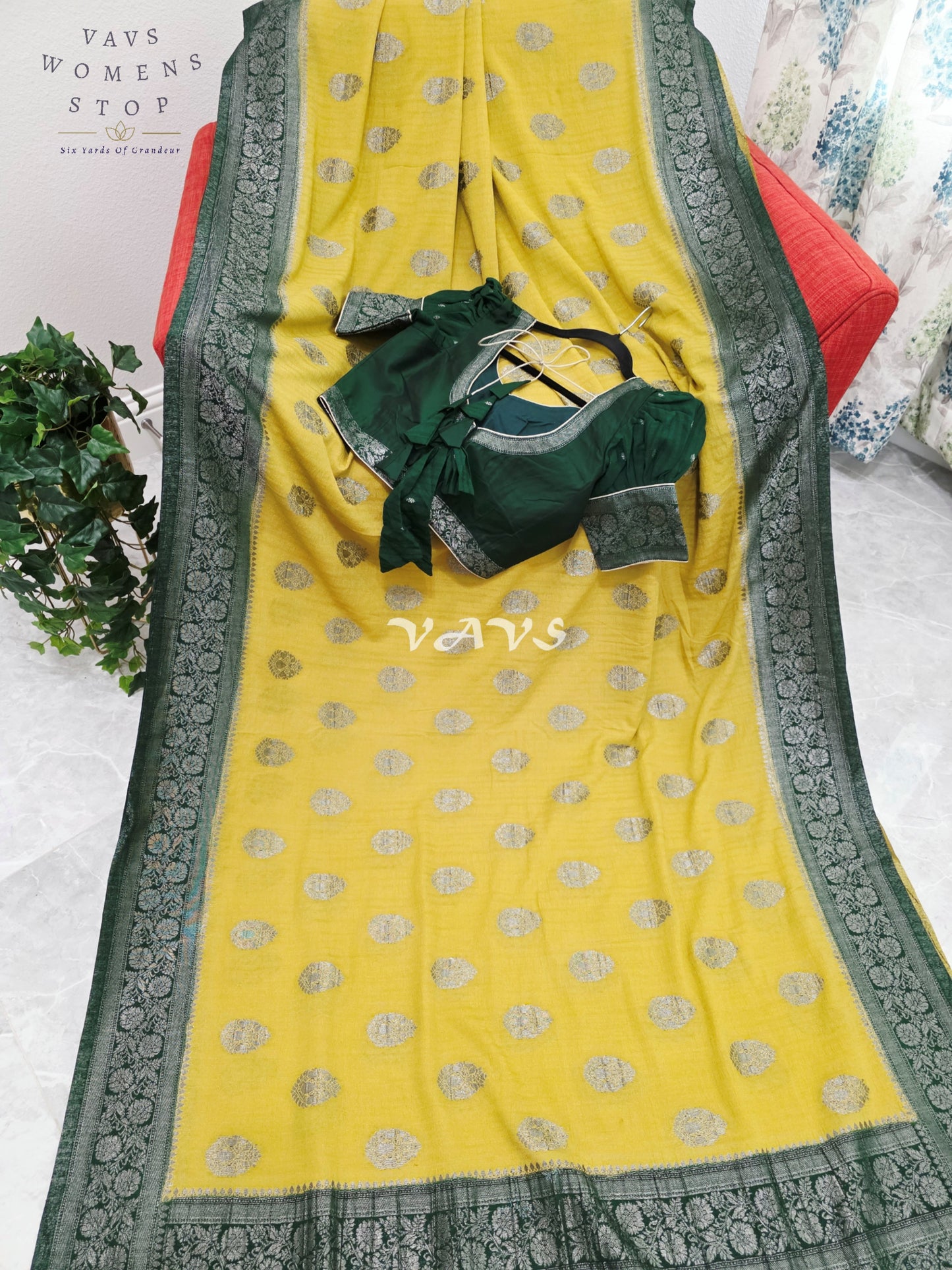 Royal Pear Chartreuse Semi Tussar Georgette Saree with Forest Green Silver Zari Border & Puff Sleeve Stitched Blouse Size 36-42
