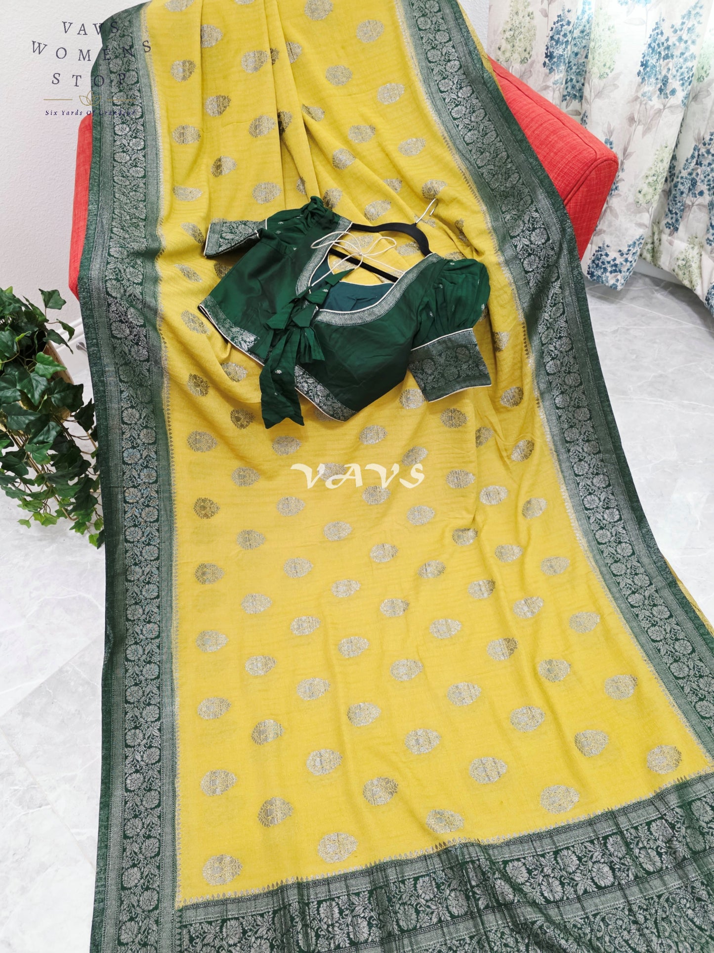 Royal Pear Chartreuse Semi Tussar Georgette Saree with Forest Green Silver Zari Border & Puff Sleeve Stitched Blouse Size 36-42
