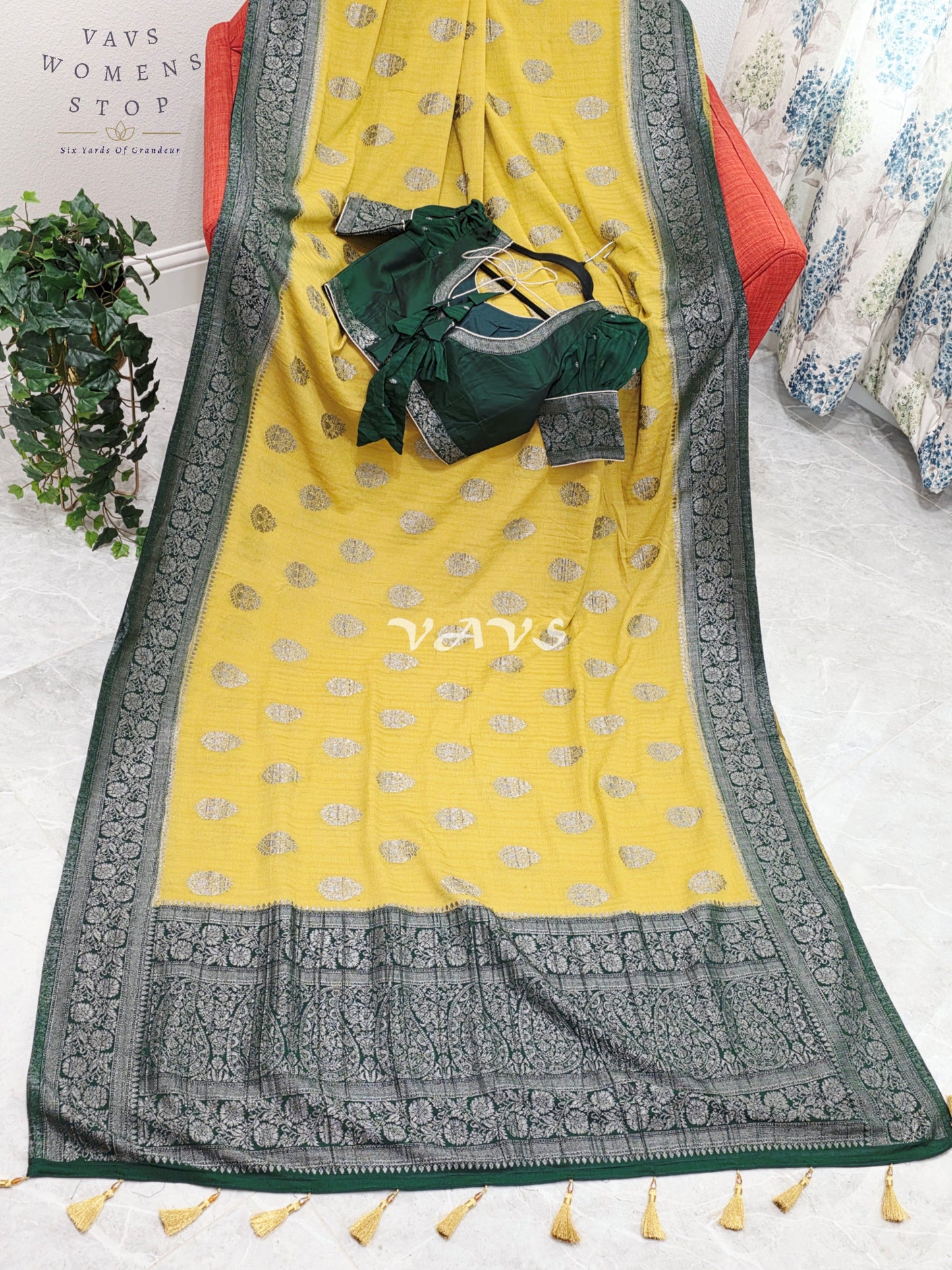 Royal Pear Chartreuse Semi Tussar Georgette Saree with Forest Green Silver Zari Border & Puff Sleeve Stitched Blouse Size 36-42