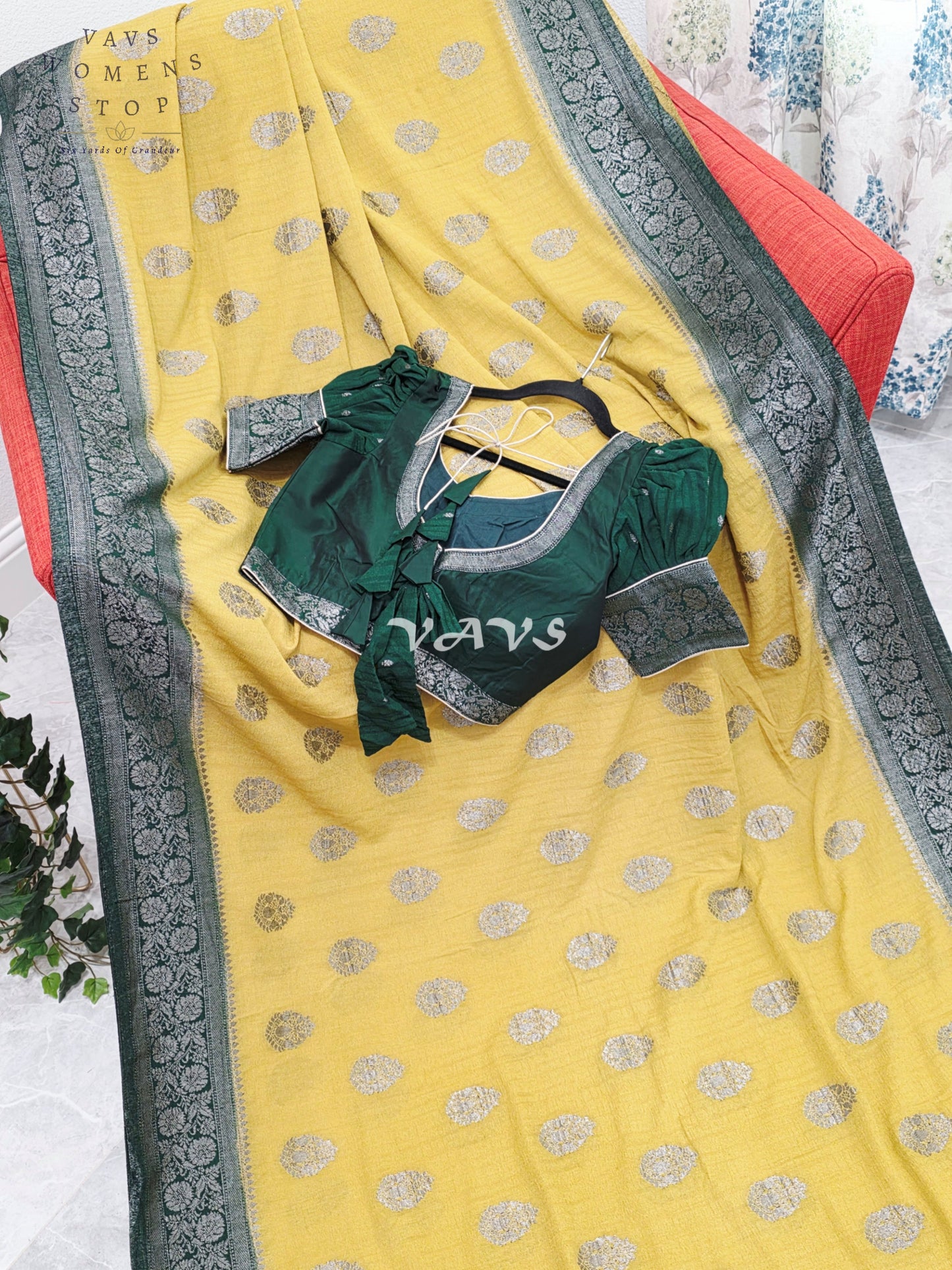 Royal Pear Chartreuse Semi Tussar Georgette Saree with Forest Green Silver Zari Border & Puff Sleeve Stitched Blouse Size 36-42
