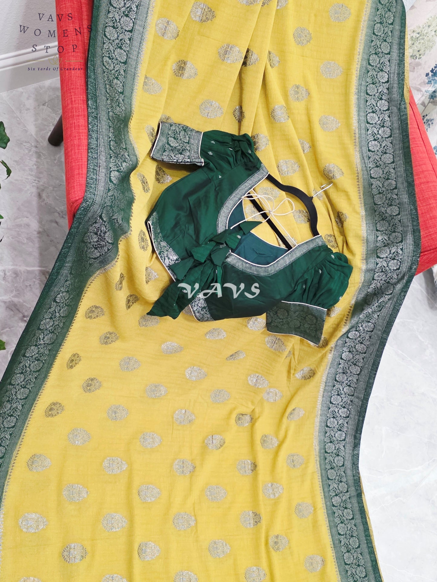 Royal Pear Chartreuse Semi Tussar Georgette Saree with Forest Green Silver Zari Border & Puff Sleeve Stitched Blouse Size 36-42