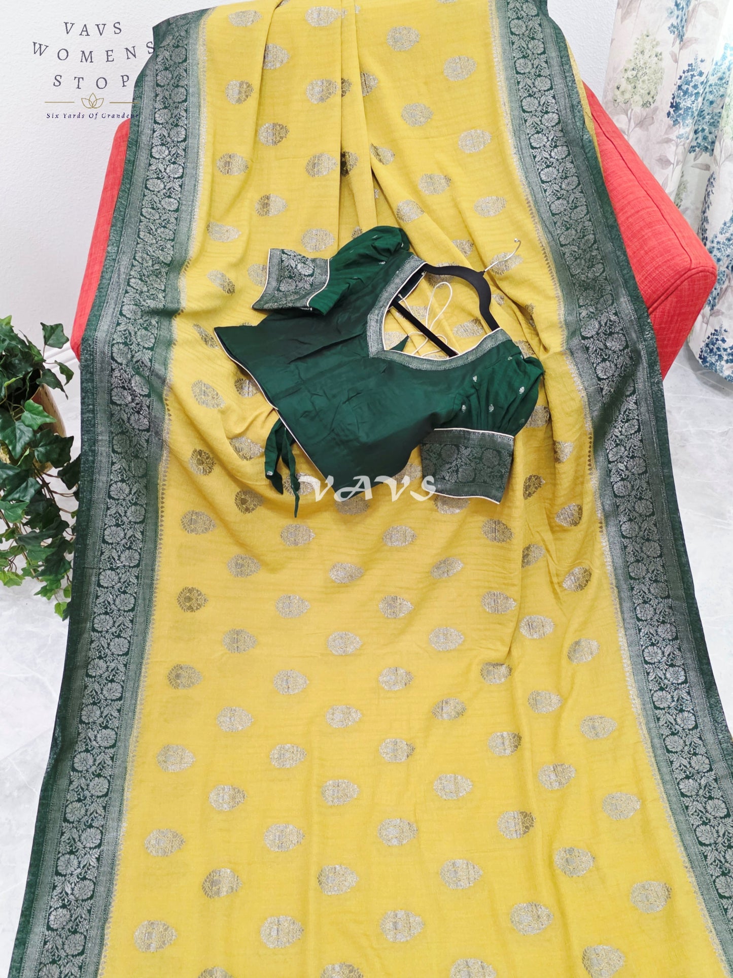Royal Pear Chartreuse Semi Tussar Georgette Saree with Forest Green Silver Zari Border & Puff Sleeve Stitched Blouse Size 36-42