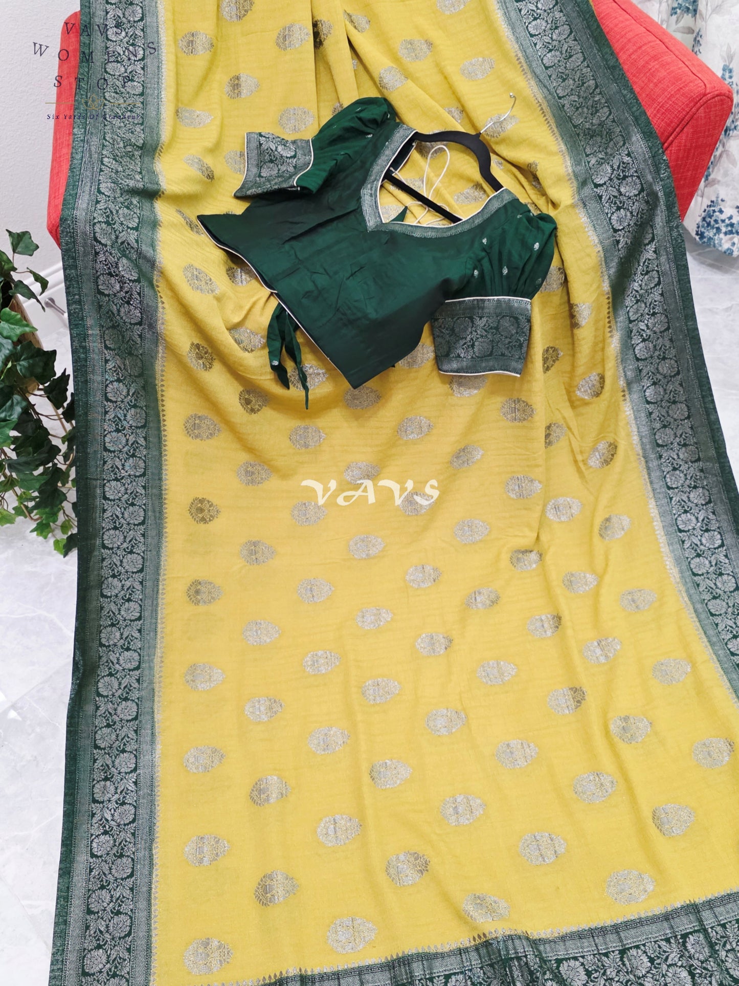 Royal Pear Chartreuse Semi Tussar Georgette Saree with Forest Green Silver Zari Border & Puff Sleeve Stitched Blouse Size 36-42