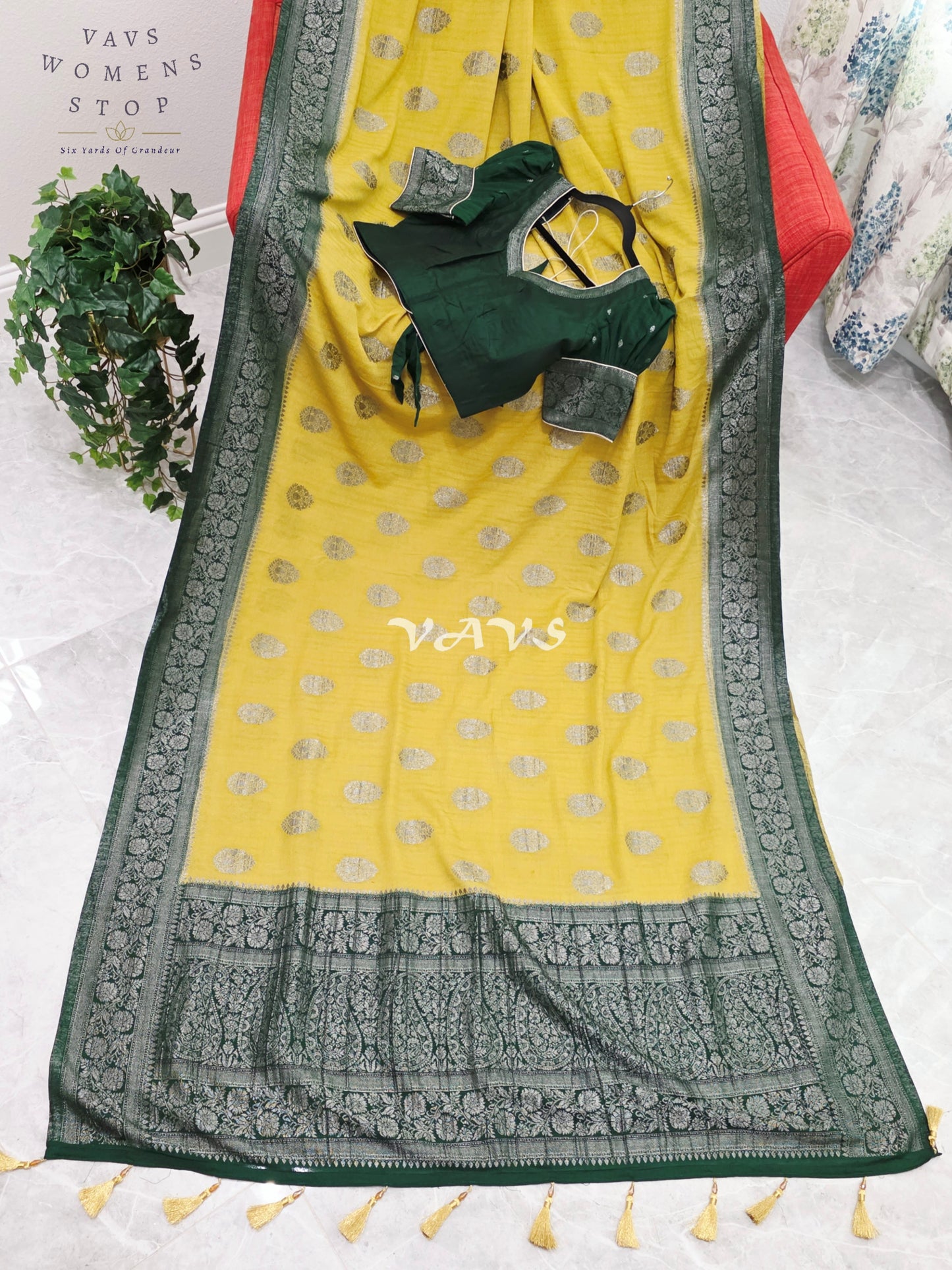 Royal Pear Chartreuse Semi Tussar Georgette Saree with Forest Green Silver Zari Border & Puff Sleeve Stitched Blouse Size 36-42