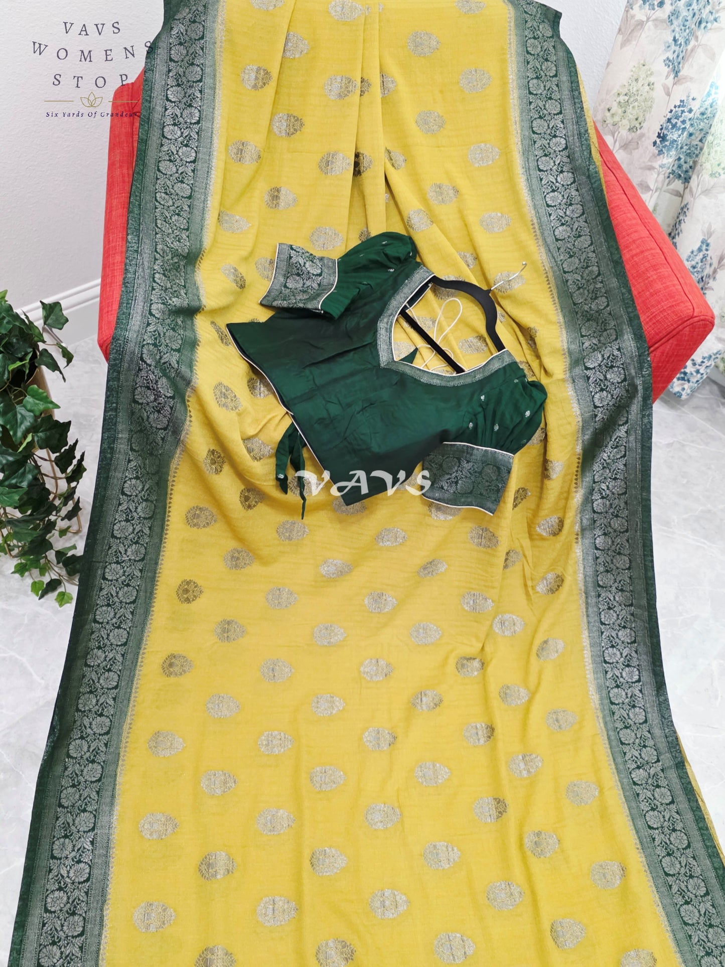 Royal Pear Chartreuse Semi Tussar Georgette Saree with Forest Green Silver Zari Border & Puff Sleeve Stitched Blouse Size 36-42